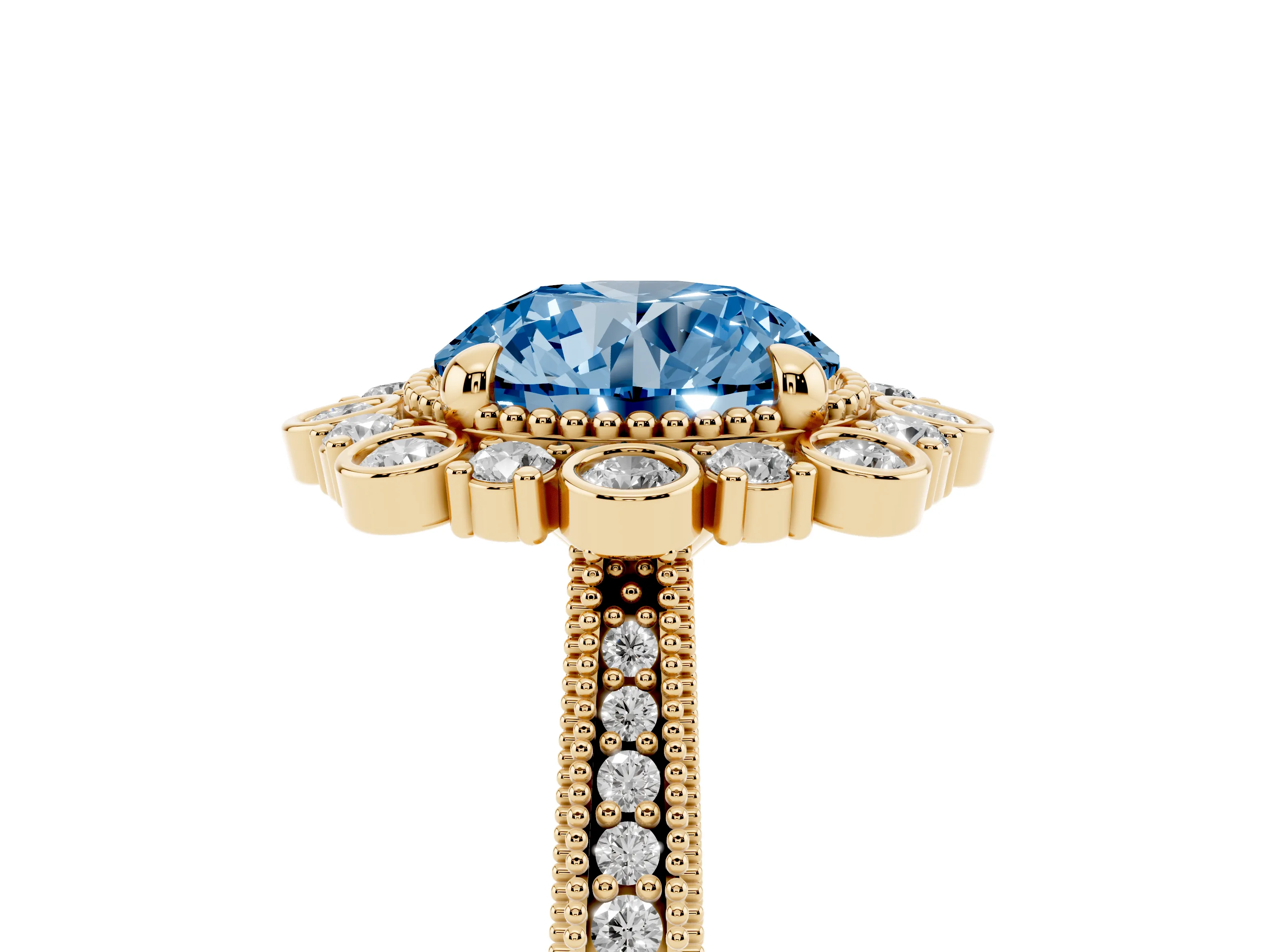 Fancy Blue Round Cut Diamond Halo Milgrain Pavé Ring Set in Yellow gold with Prong Setting