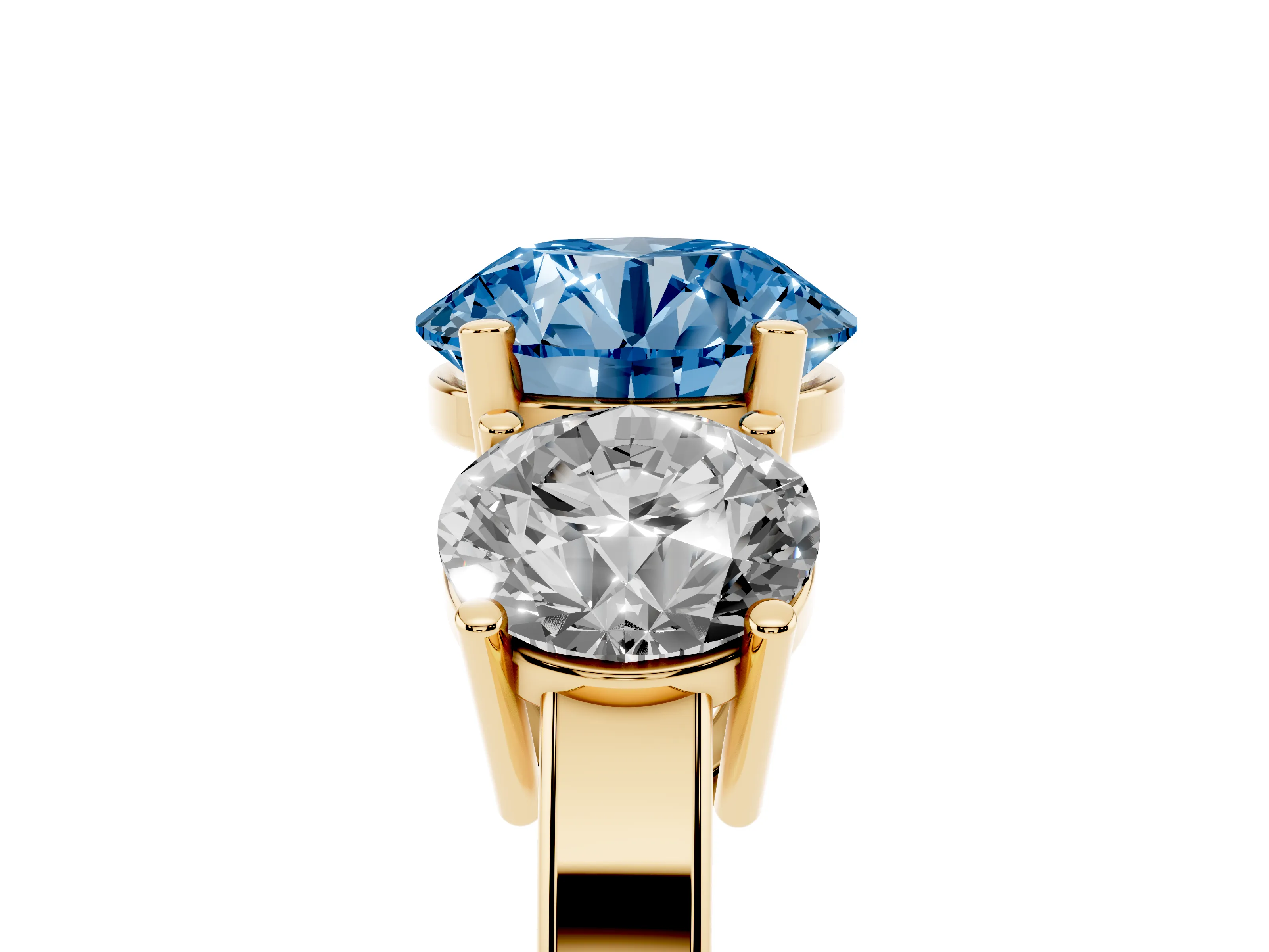 Fancy Blue Round Cut Diamond Three-Stone Engagement Ring Set in Yellow gold with Flat Band