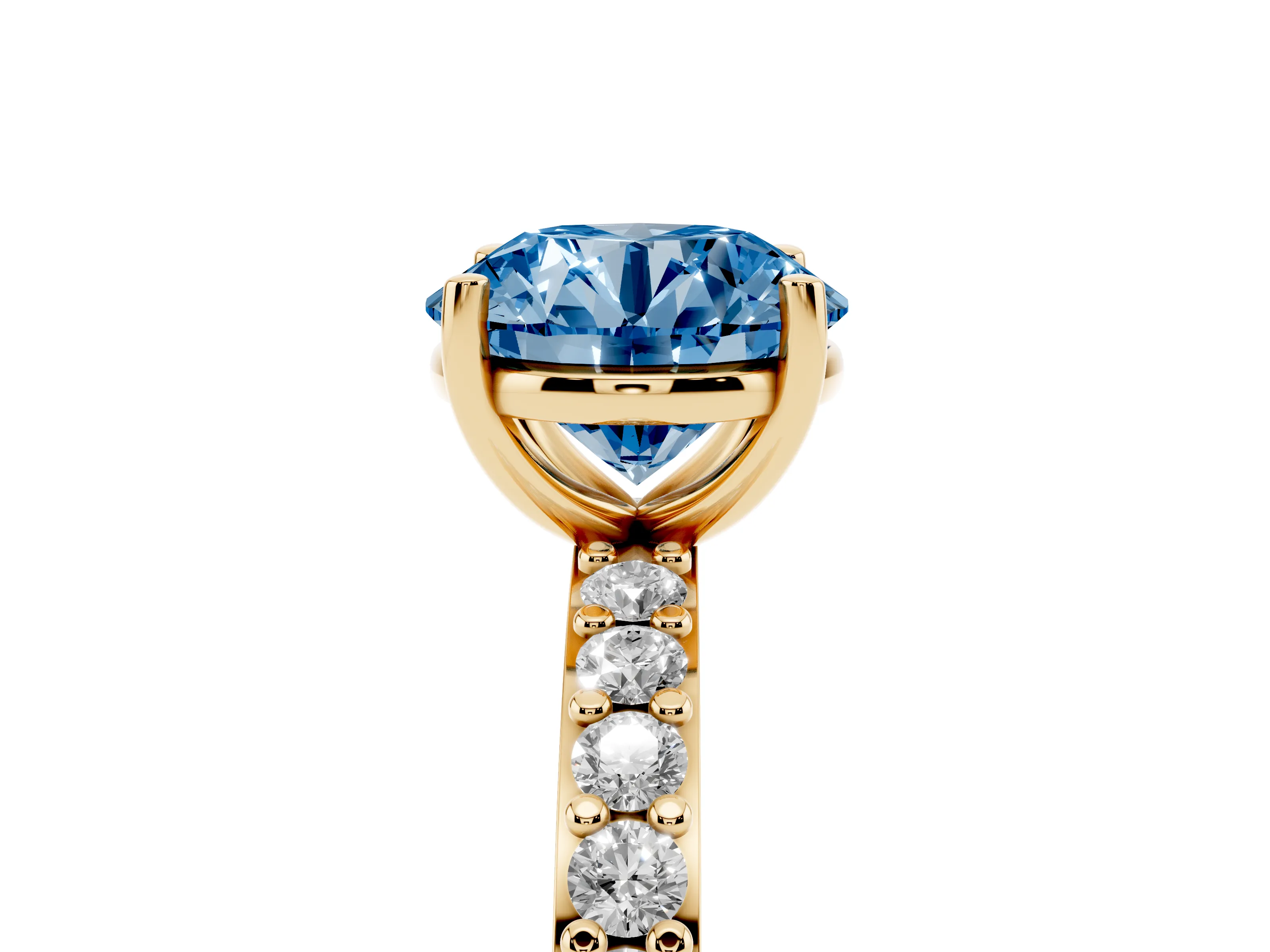 Fancy Blue Round Cut Diamond Solitaire Set in Yellow gold with Round Pavé Band and Prong Setting