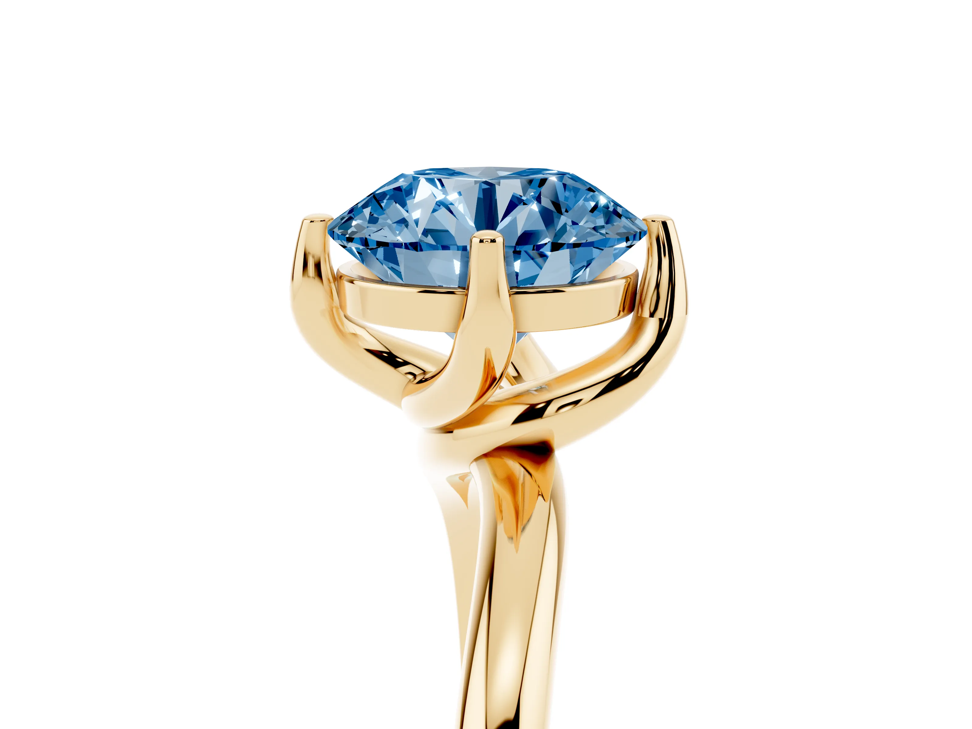 Fancy Blue Round Cut Diamond Solitaire Engagement Ring Set in Yellow gold with Classic Plain Band