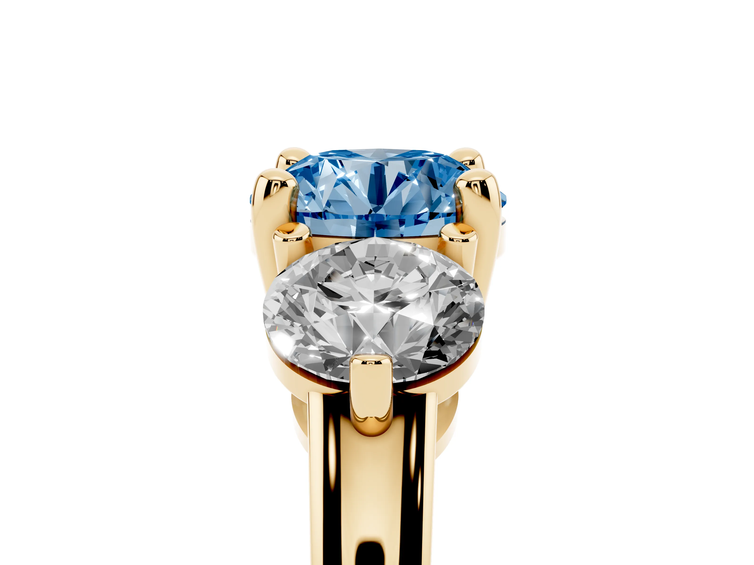 Fancy Blue Round Cut Diamond Three-Stone Ring Set in Yellow gold with Prong Setting and Classic Band