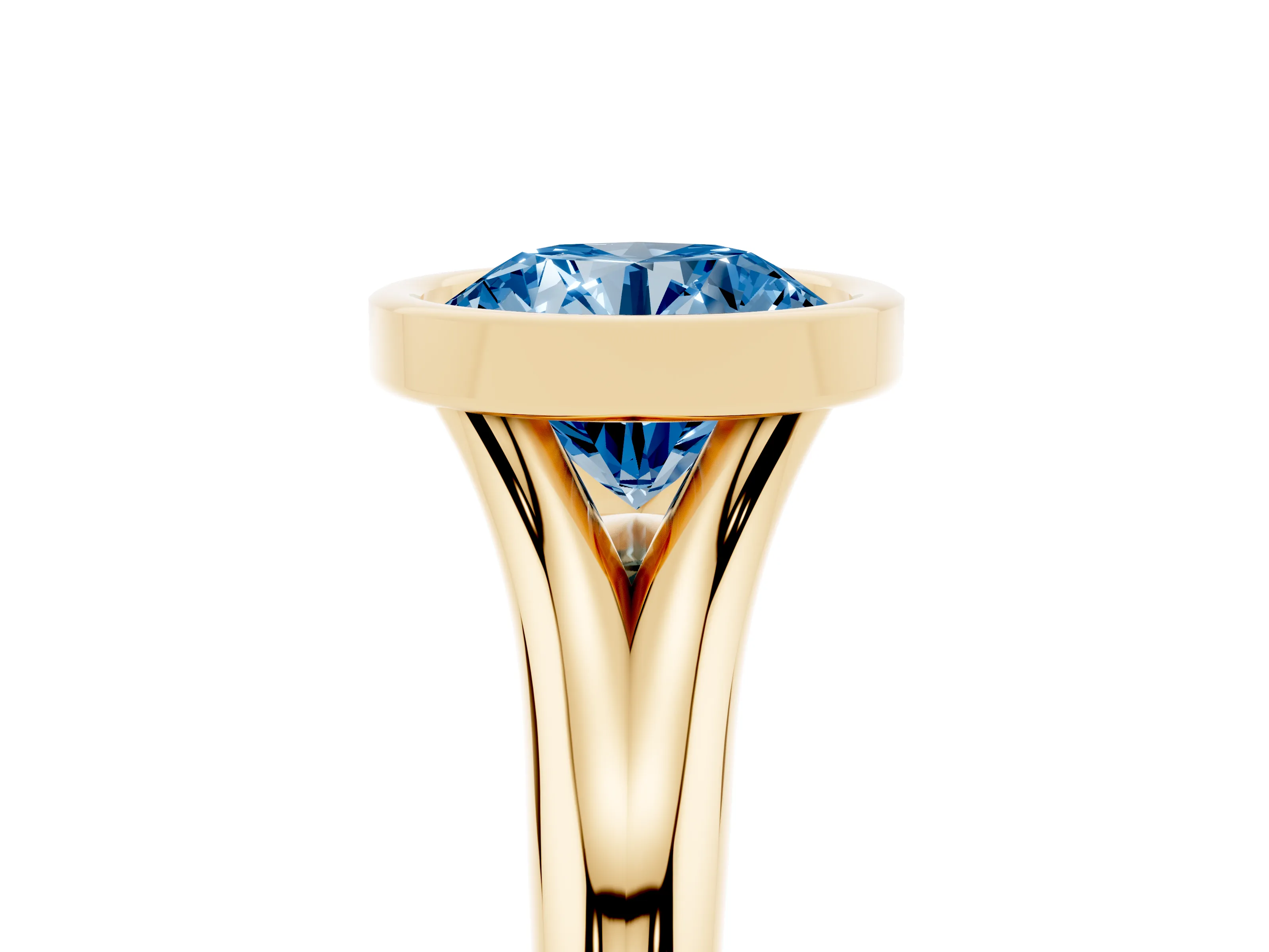 Fancy Blue Bezel Set Round Cut Diamond Solitaire Ring Set in Yellow gold with Smooth Band