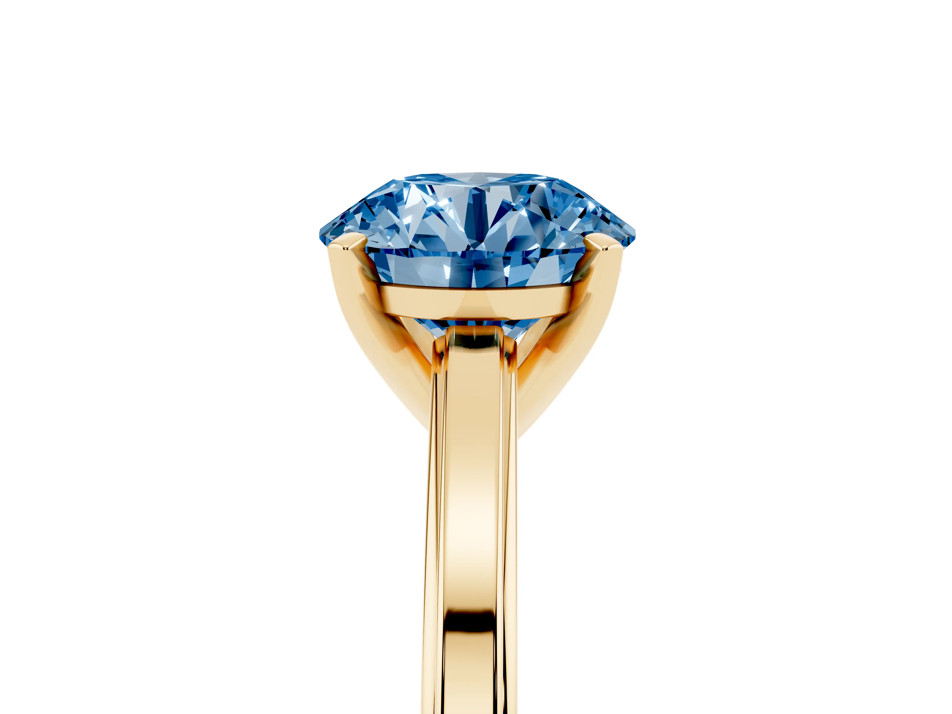 Fancy Blue Round Cut Diamond Solitaire Ring Set in Yellow gold with Prong Setting and Classic Band