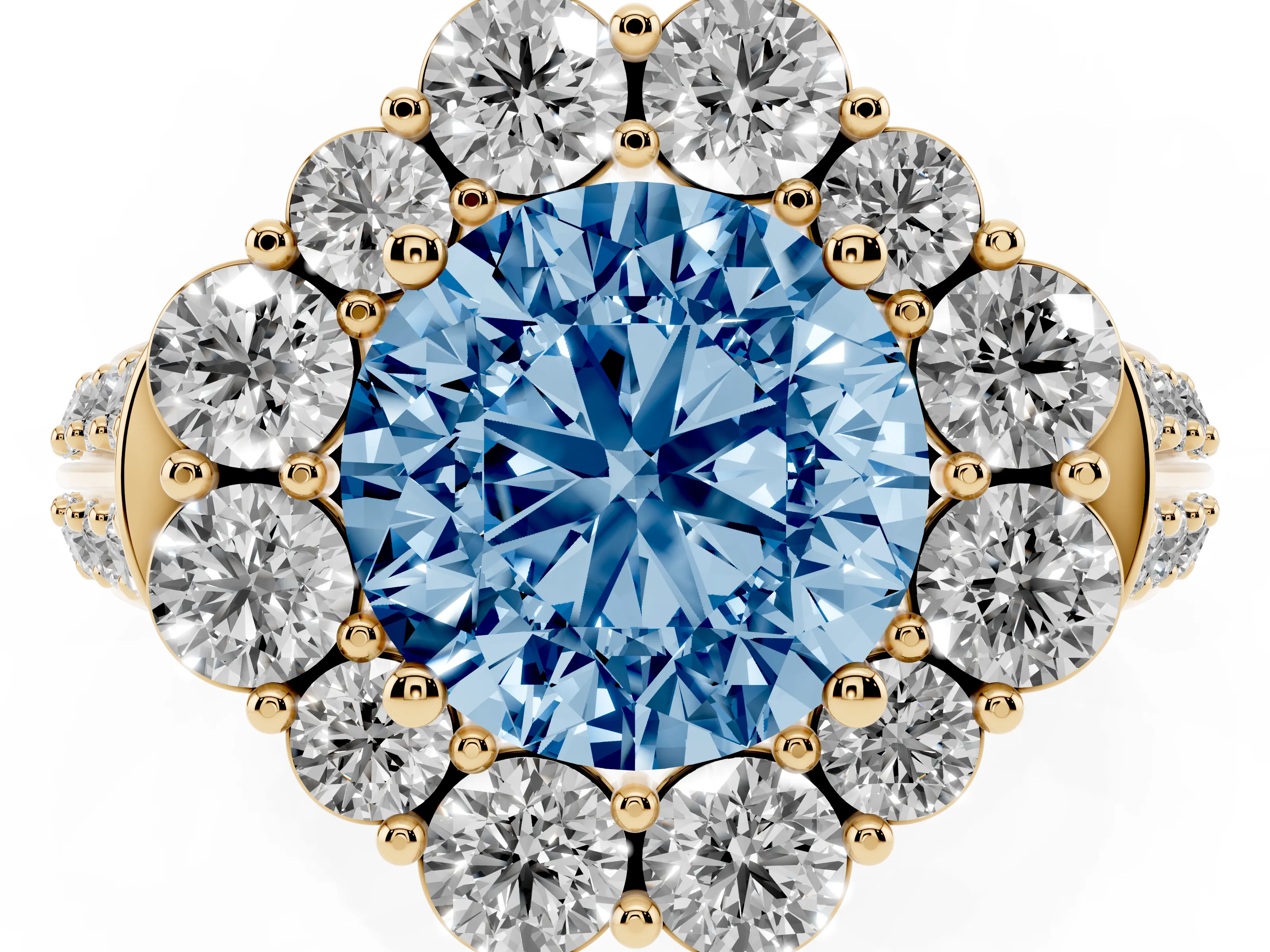 Fancy Blue Round Cut Diamond Halo Engagement Ring Set in Yellow gold with Split Shank and Prong Setting