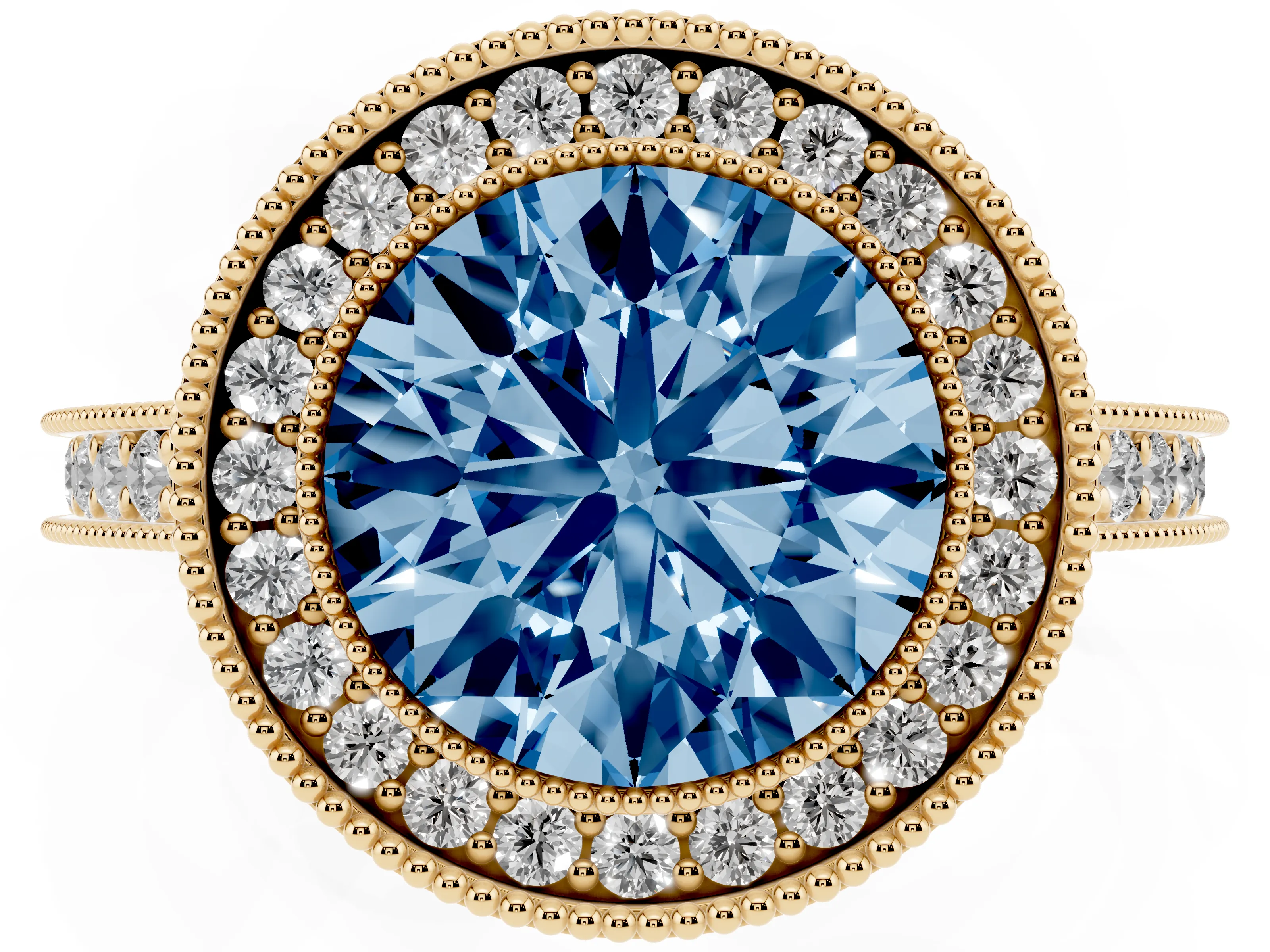Fancy Blue Round Cut Diamond Halo Milgrain Pavé Band Ring Set in Yellow gold with Prong Setting