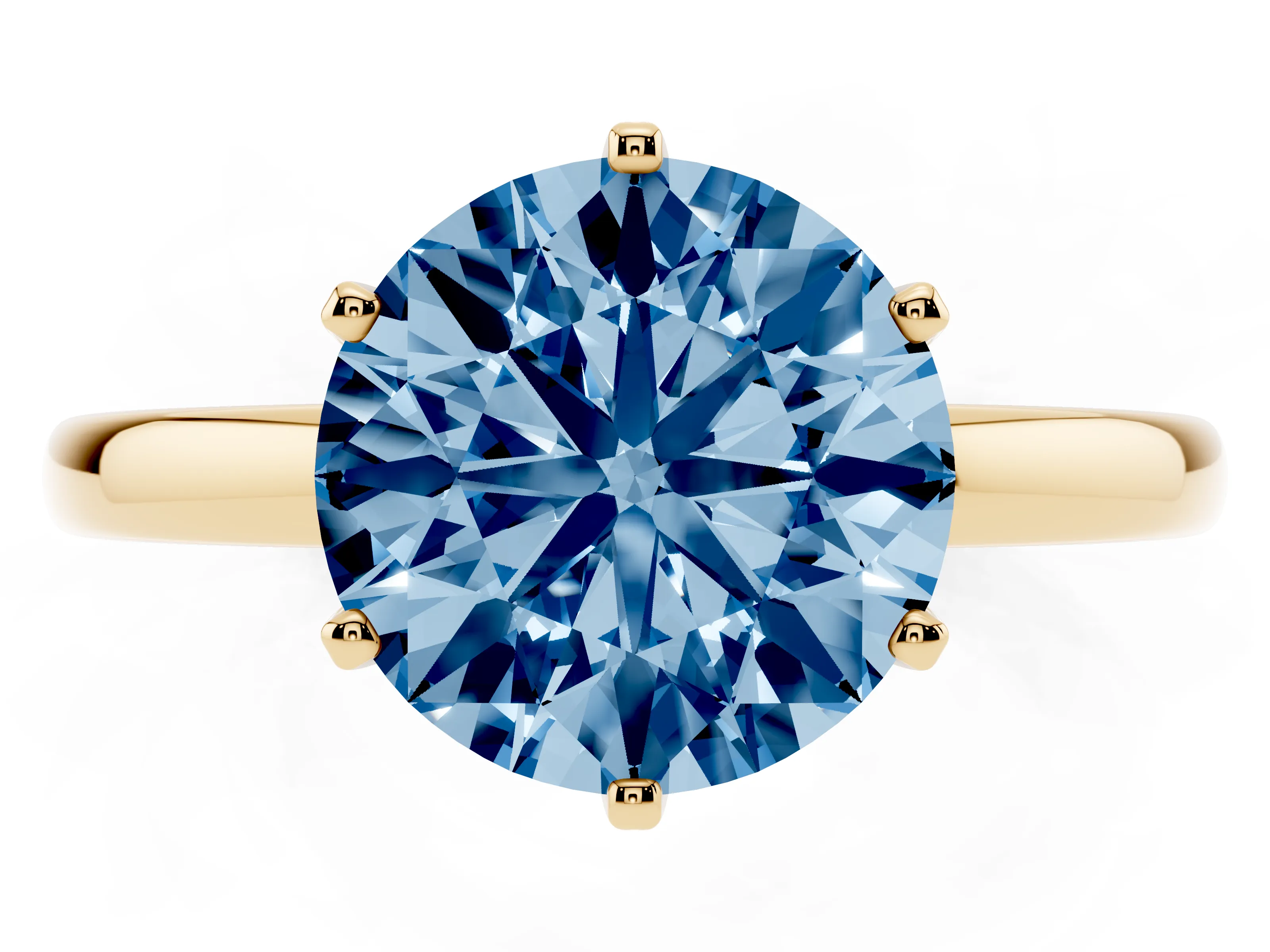 Fancy Blue Round Cut Diamond Solitaire Ring Set in Yellow gold with Raised Prong Setting on a Classic Band