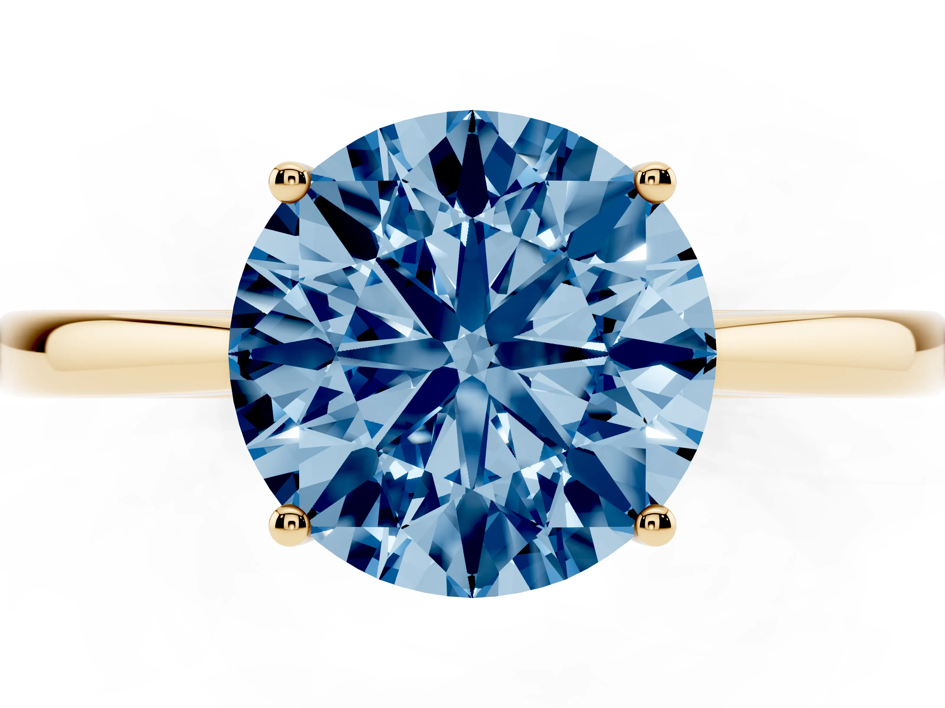 Fancy Blue Round Cut Diamond Solitaire Ring Set in Yellow gold with Split Shank and Prong Setting