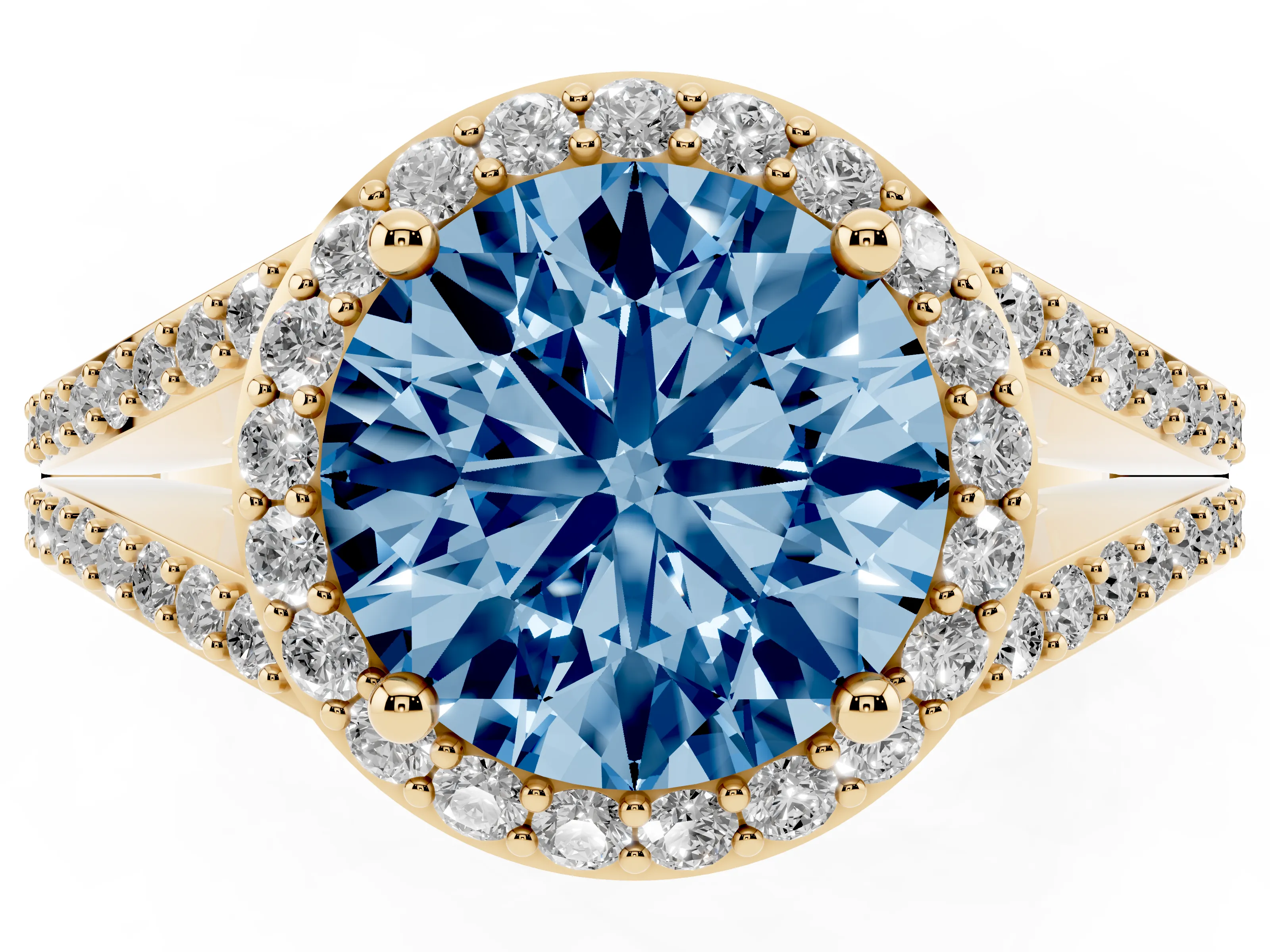 Fancy Blue Round Cut Diamond Halo Split Shank Pavé Ring Set in Yellow gold with Prong Setting