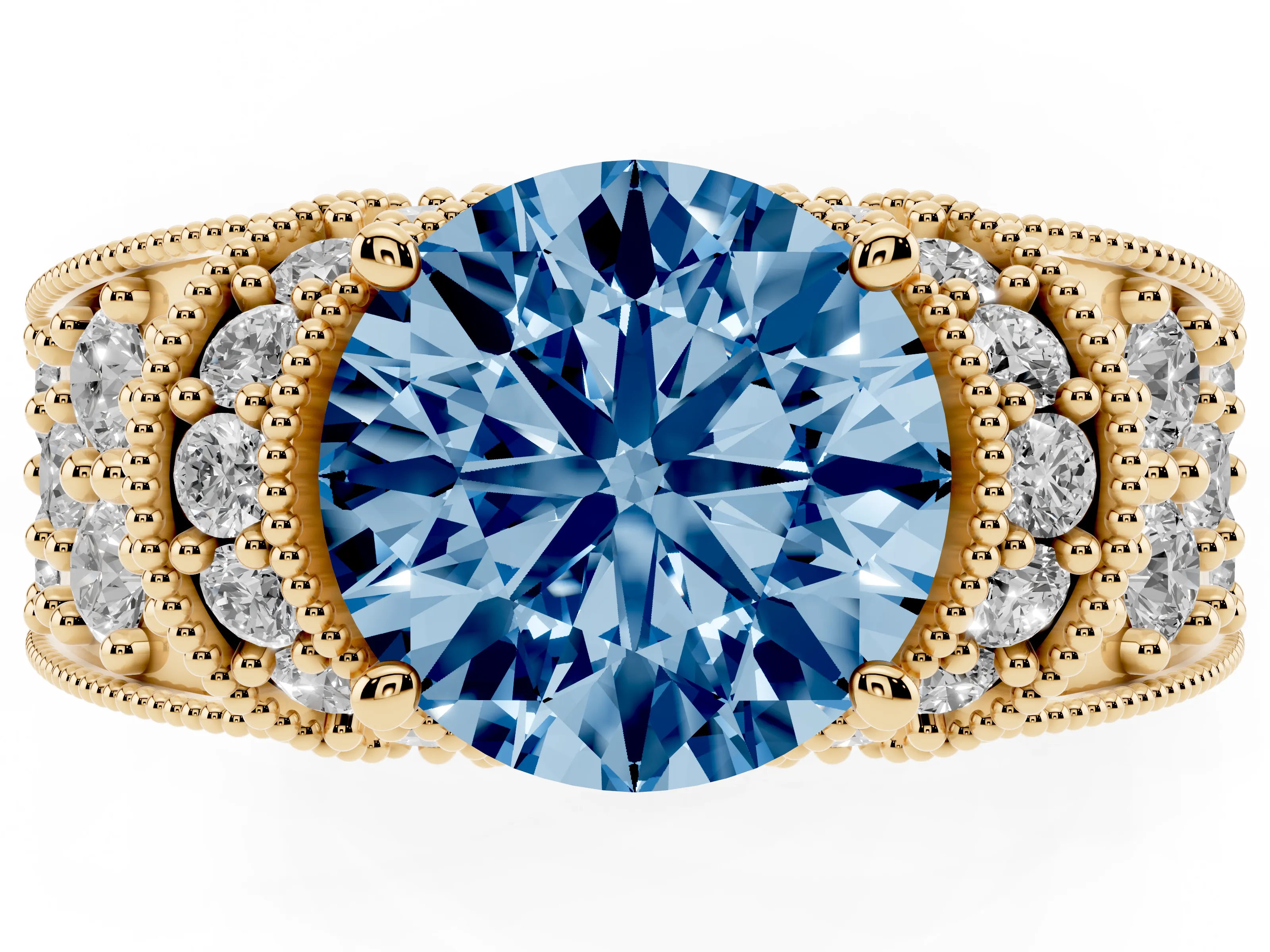 Fancy Blue Round Cut Diamond Milgrain Halo Pavé Engagement Ring Set in Yellow gold with Prong Setting