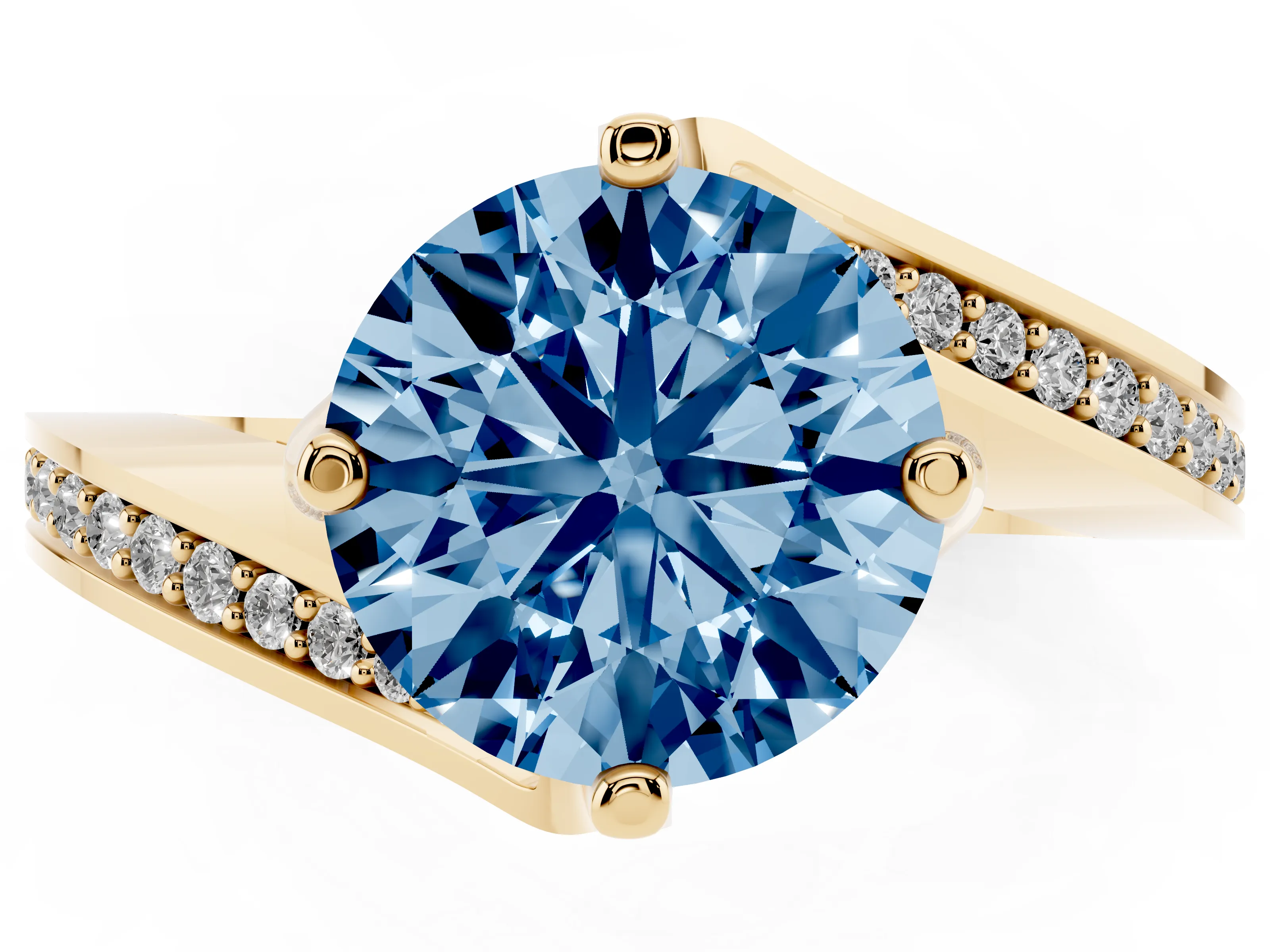 Fancy Blue Round Cut Diamond Solitaire Ring Set in Yellow gold with Intertwined Pavé Twist Band