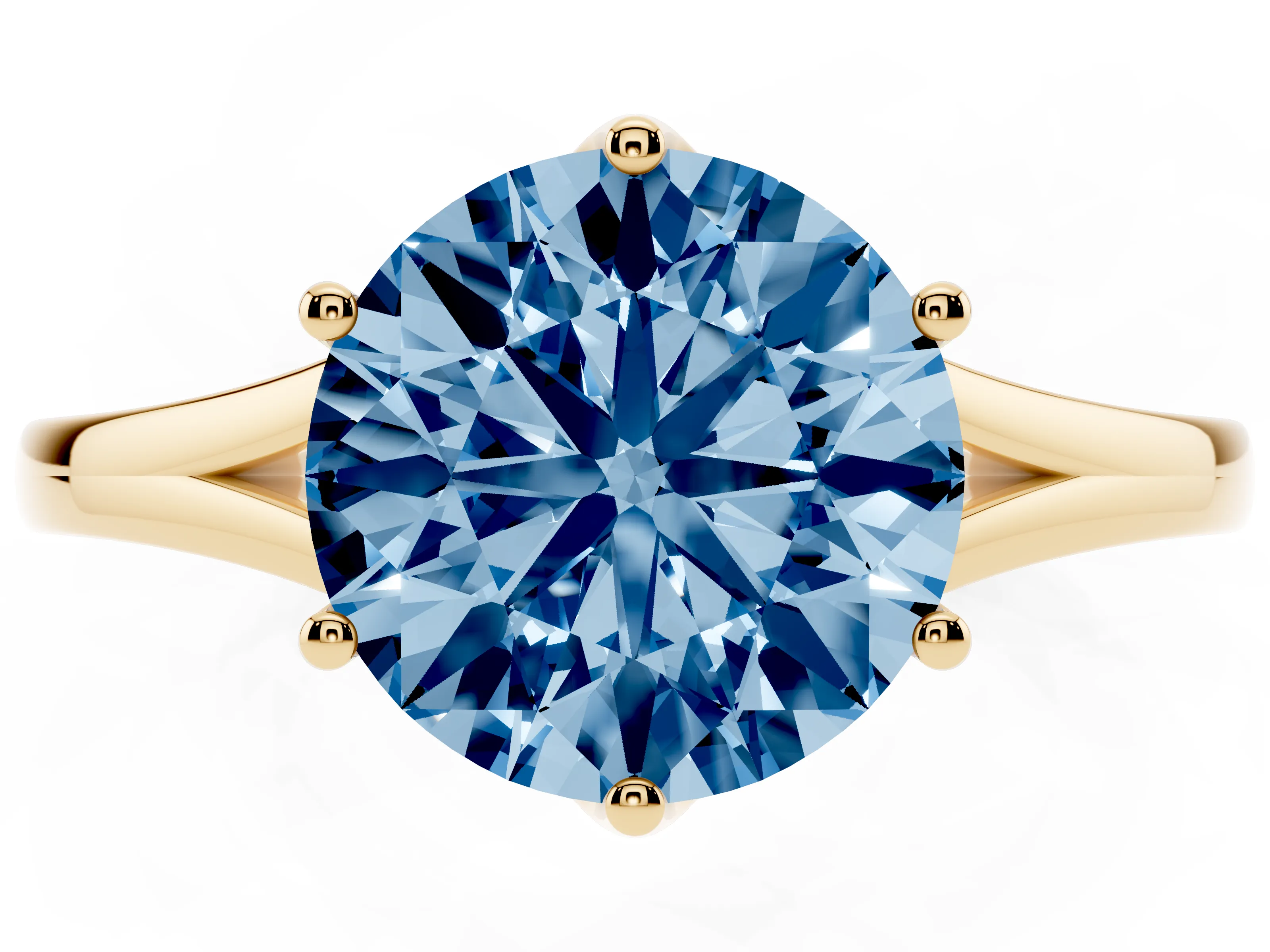 Fancy Blue Round Cut Diamond Solitaire Ring Set in Yellow gold with Polished Tapered Band and Prong Setting