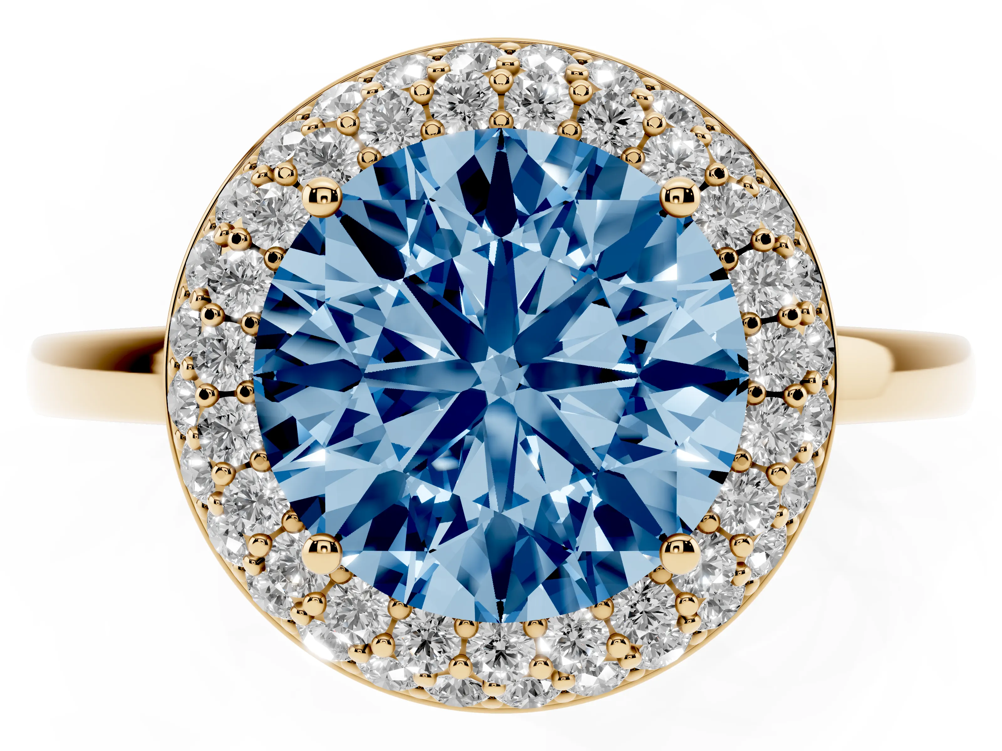 Fancy Blue Round Cut Diamond Halo Engagement Ring Set in Yellow gold with Solitaire Band and Prong Setting