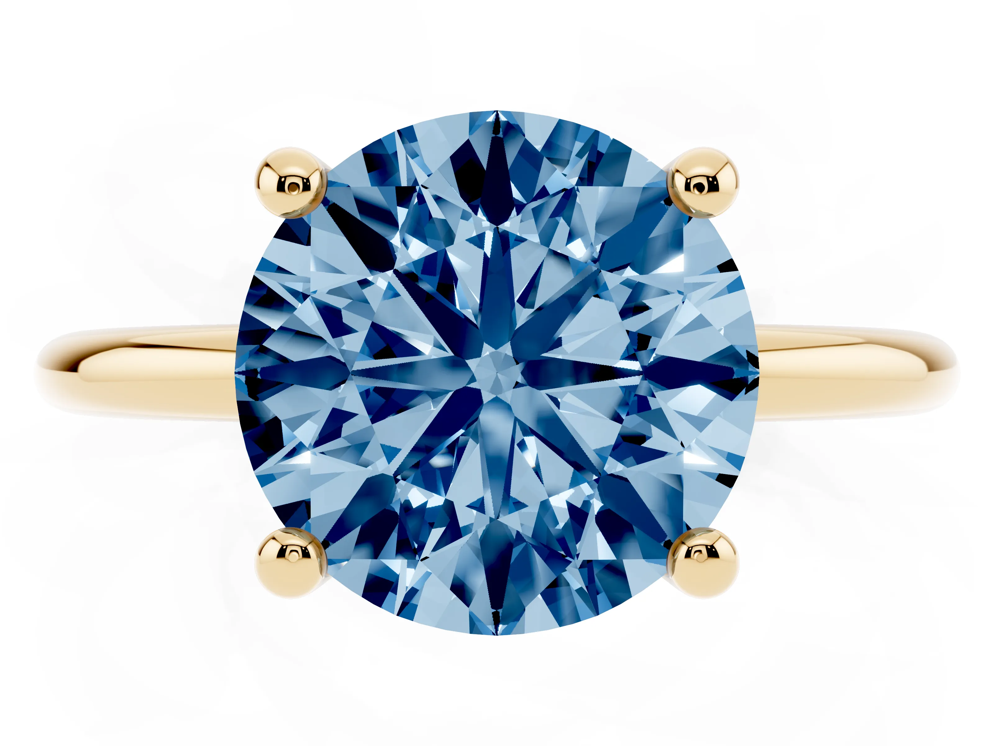 Fancy Blue Round Cut Diamond Solitaire Ring Set in Yellow gold with Secure Prong Setting on a Classic Band