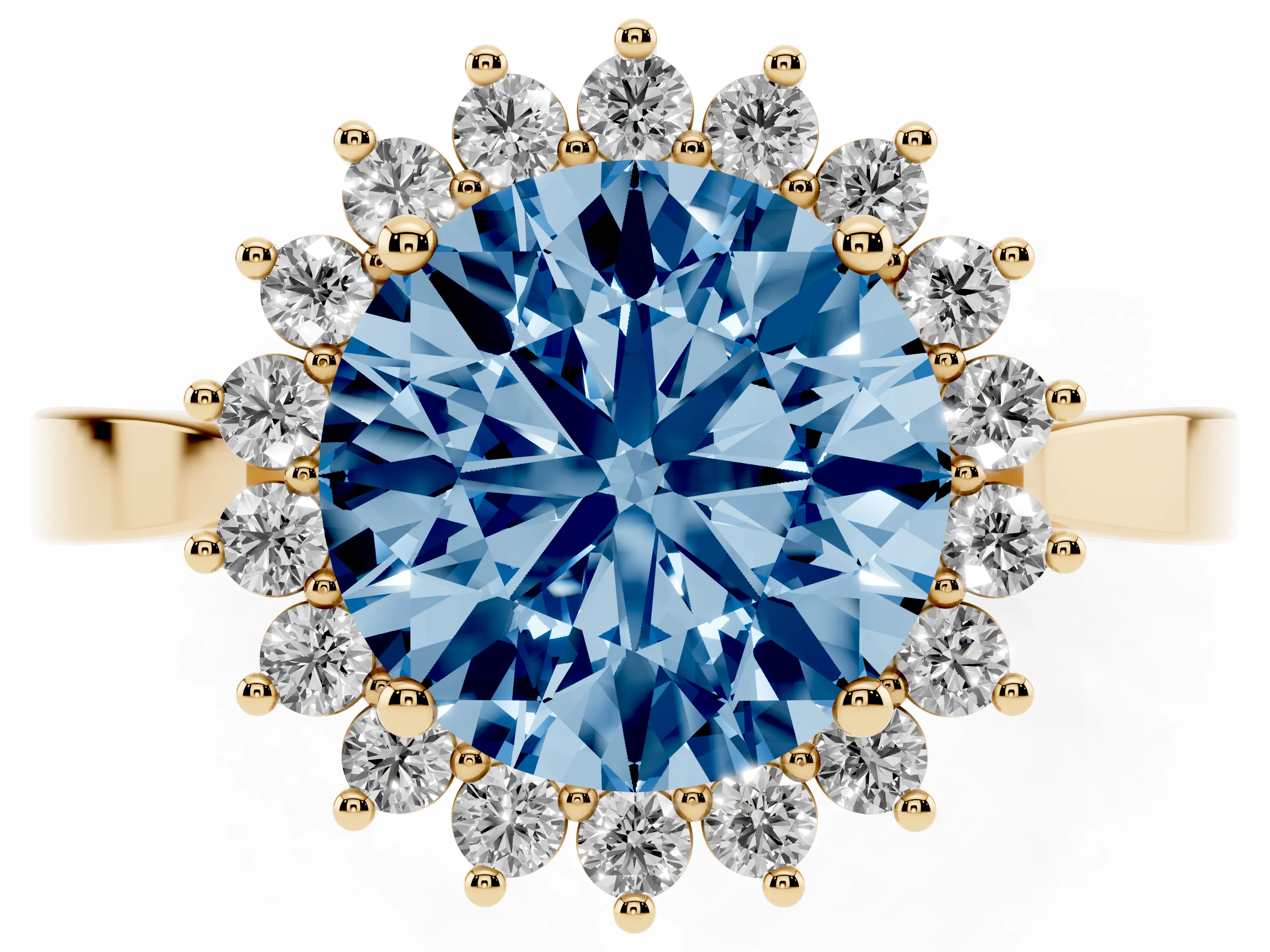 Fancy Blue Round Cut Diamond Halo Ring Set in Yellow gold with Round Halo and Smooth Solitaire Band