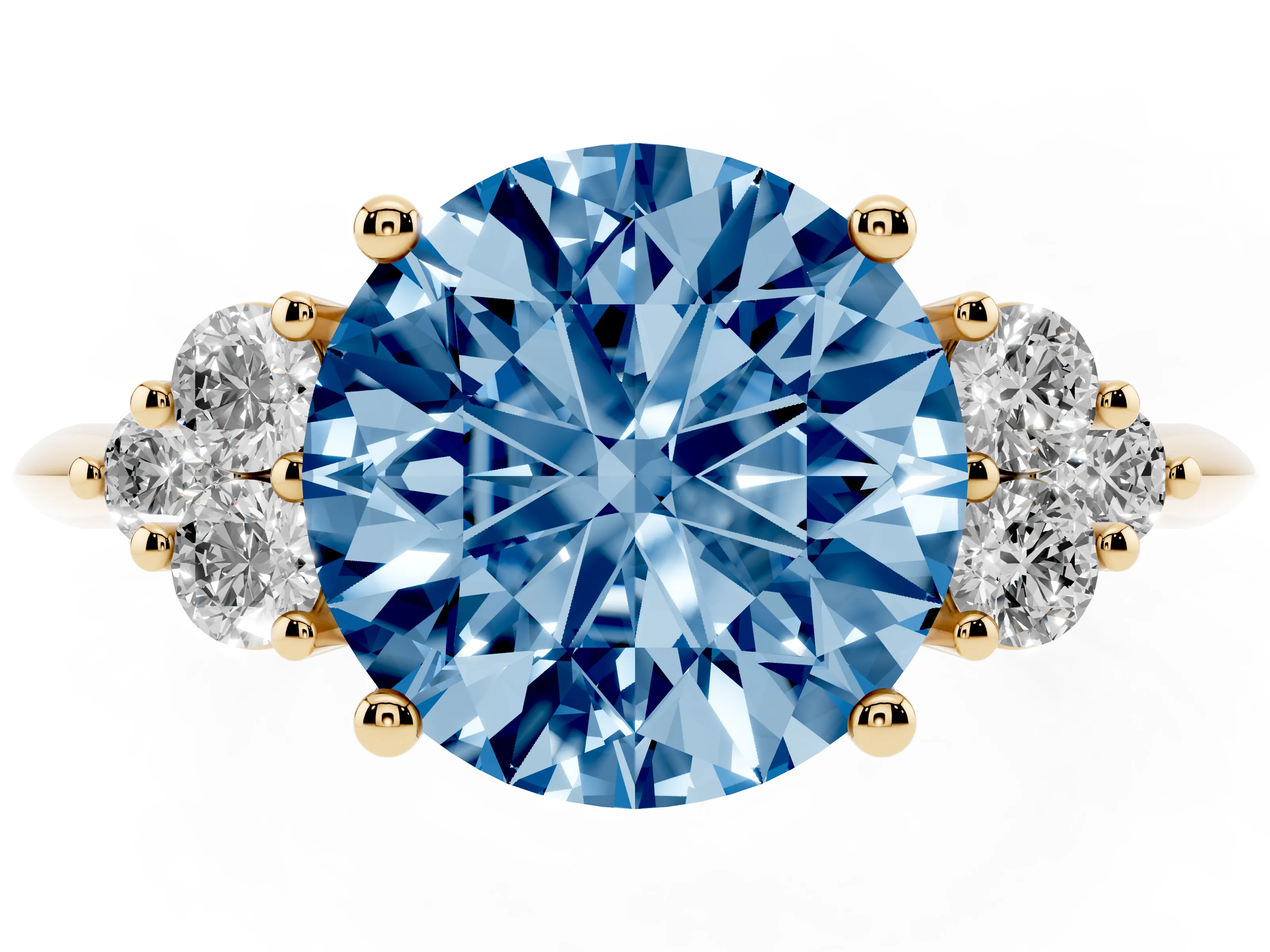 Fancy Blue Round Cut Diamond Cluster Ring Set in Yellow gold with Plain Band and Prong Setting
