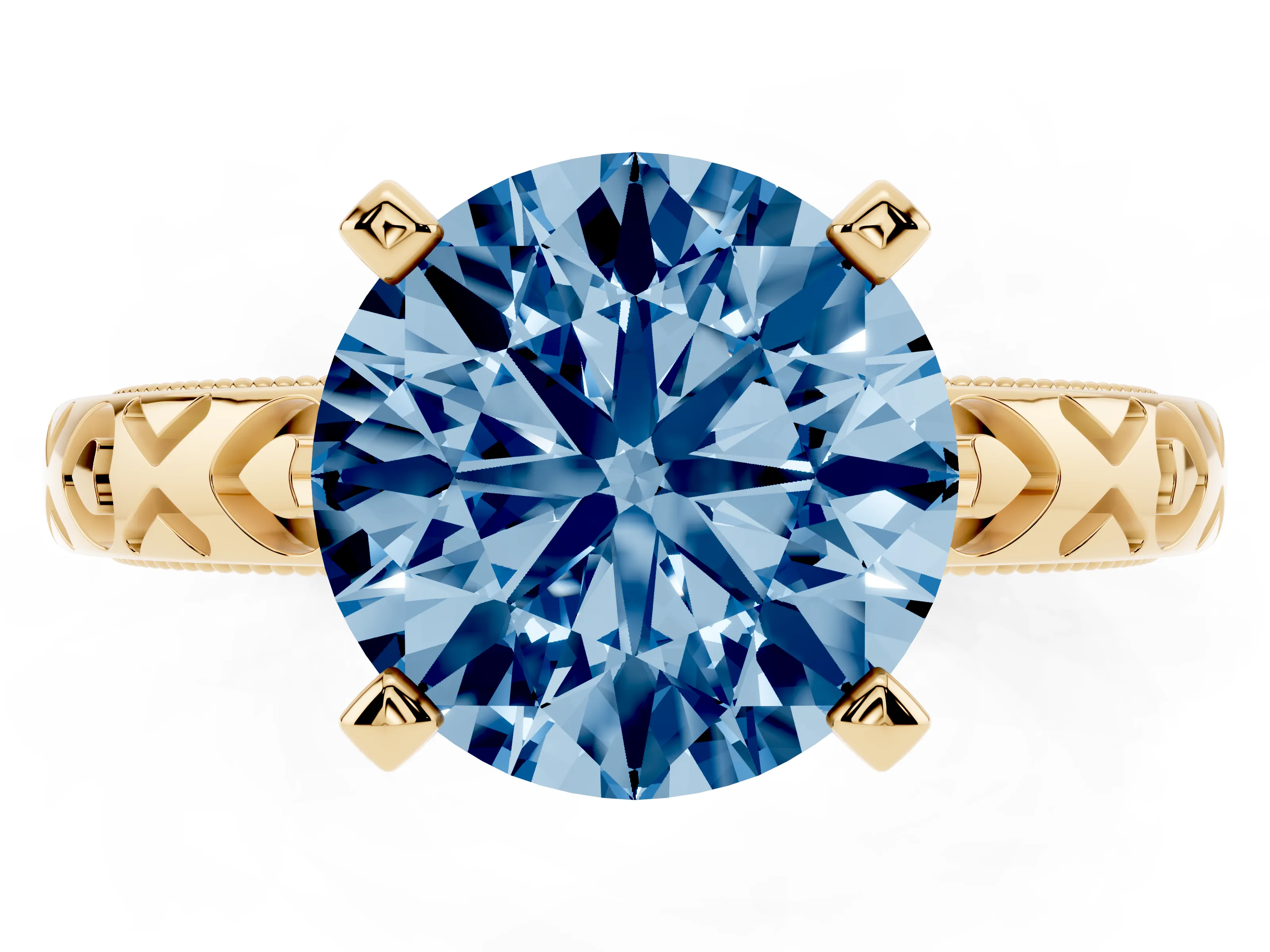 Fancy Blue Round Cut Diamond Solitaire Engagement Ring Set in Yellow gold with XO Engraved Band and Prong Setting