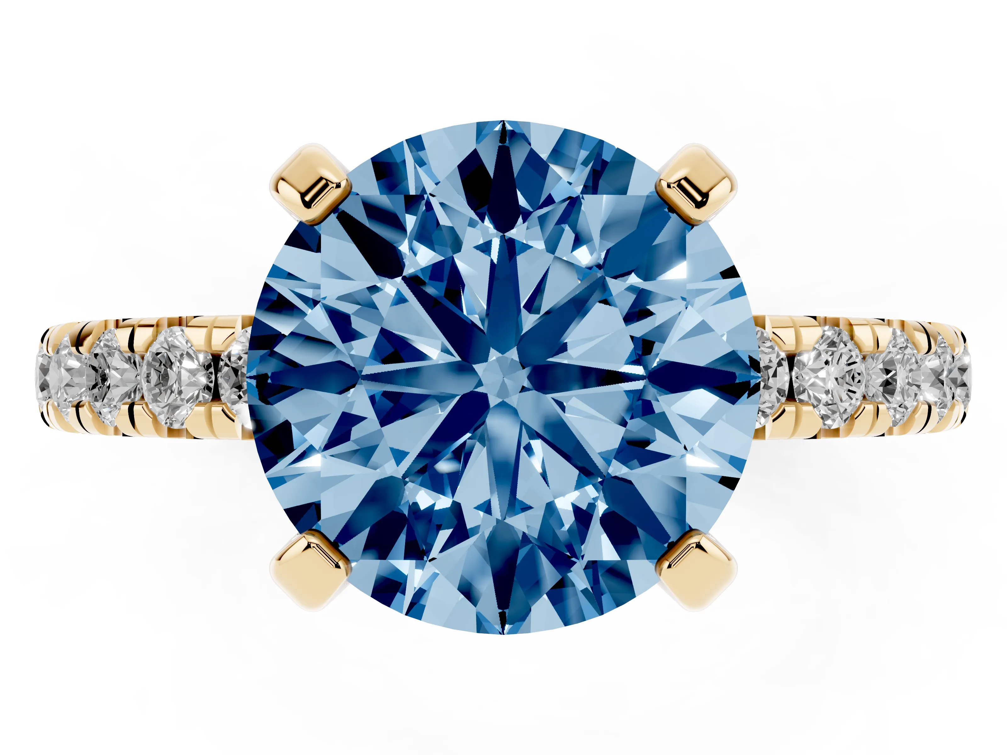 Fancy Blue Round Cut Diamond Pavé Solitaire Ring Set in Yellow gold with Round Band and Prong Setting