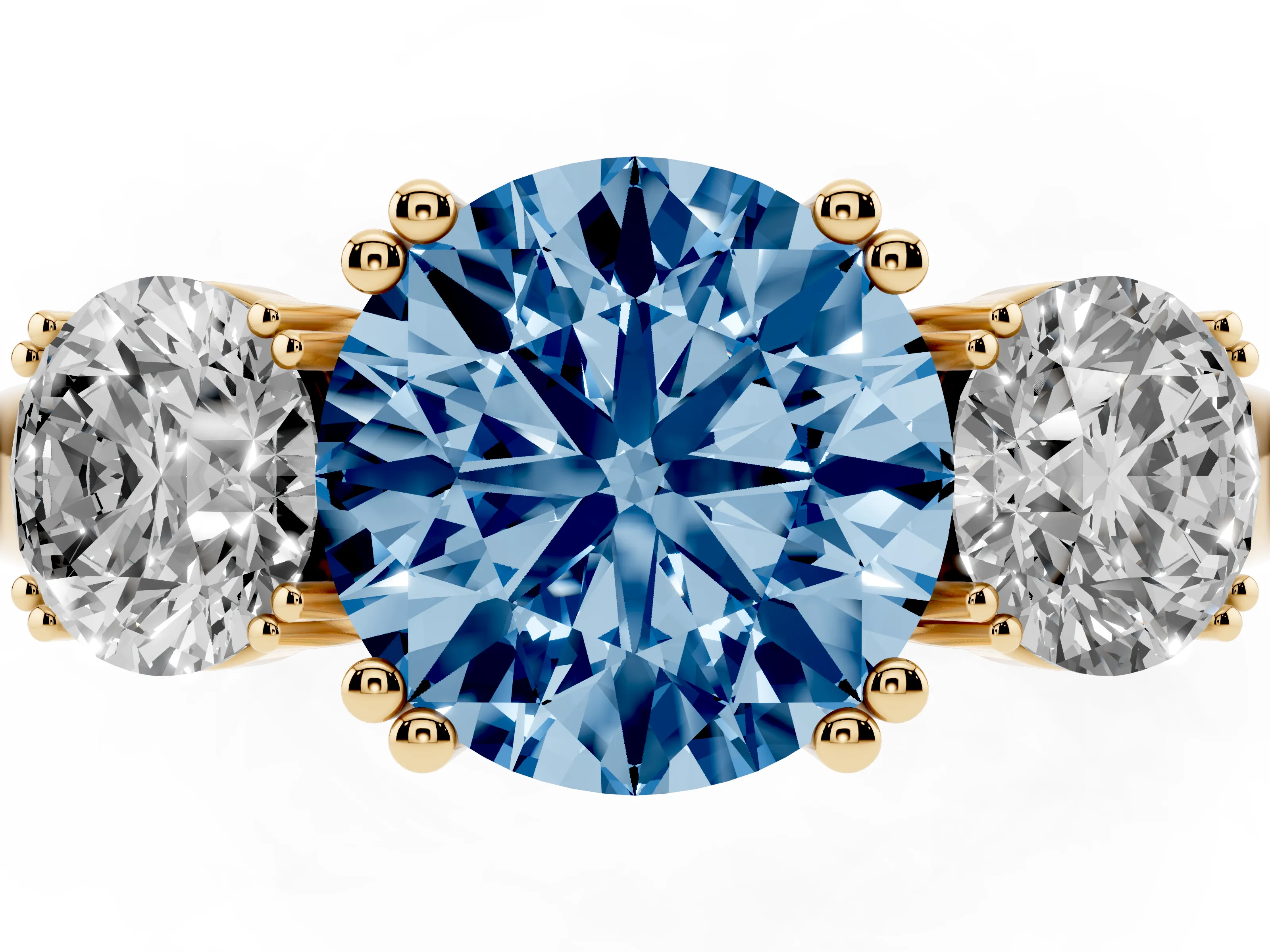 Fancy Blue Round Cut Diamond Three-Stone Ring Set in Yellow gold with Polished Channel-Set Band