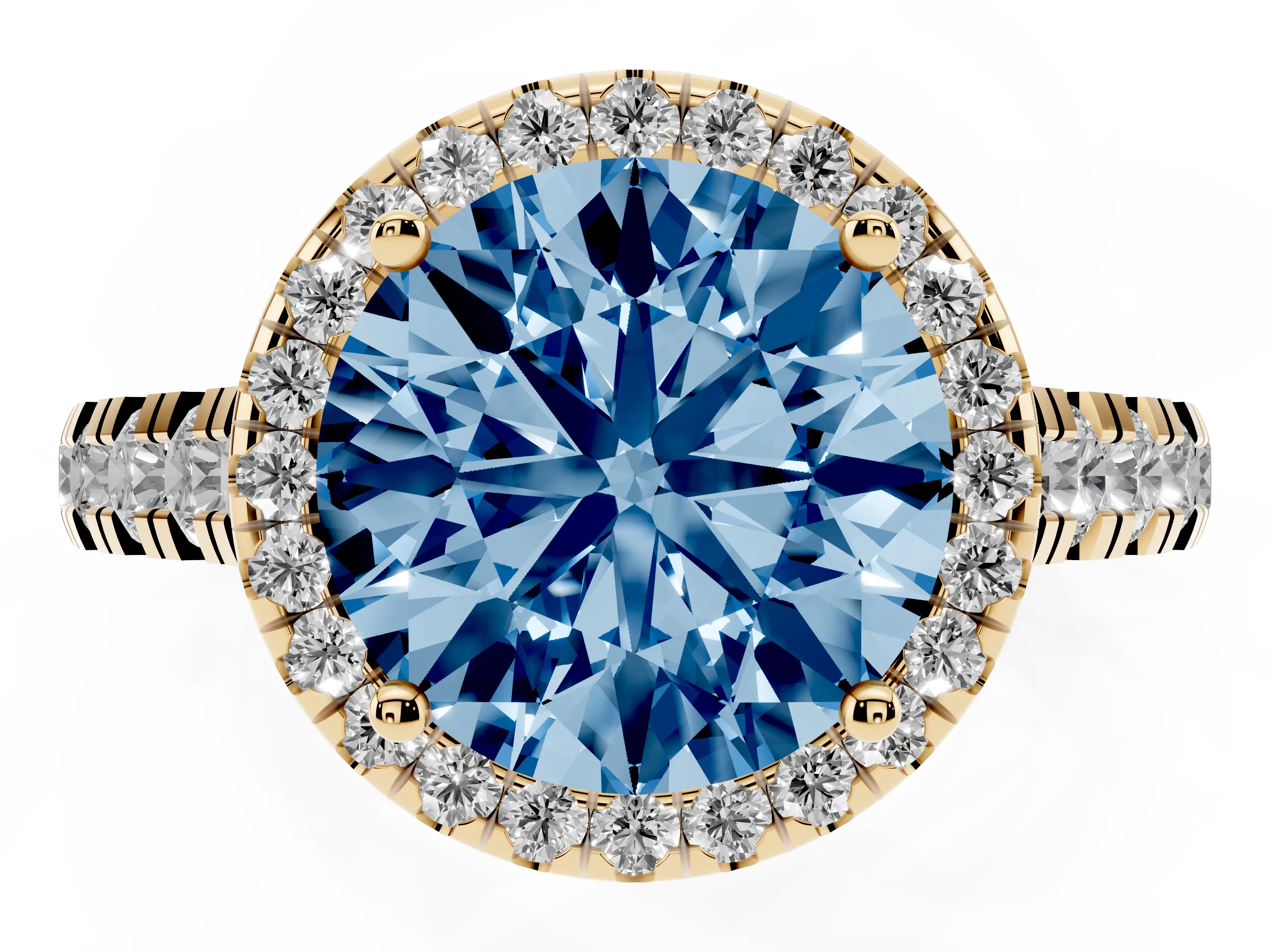 Fancy Blue Round Cut Diamond Halo Engagement Ring Set in Yellow gold with Pavé Band and Prong-Set Center