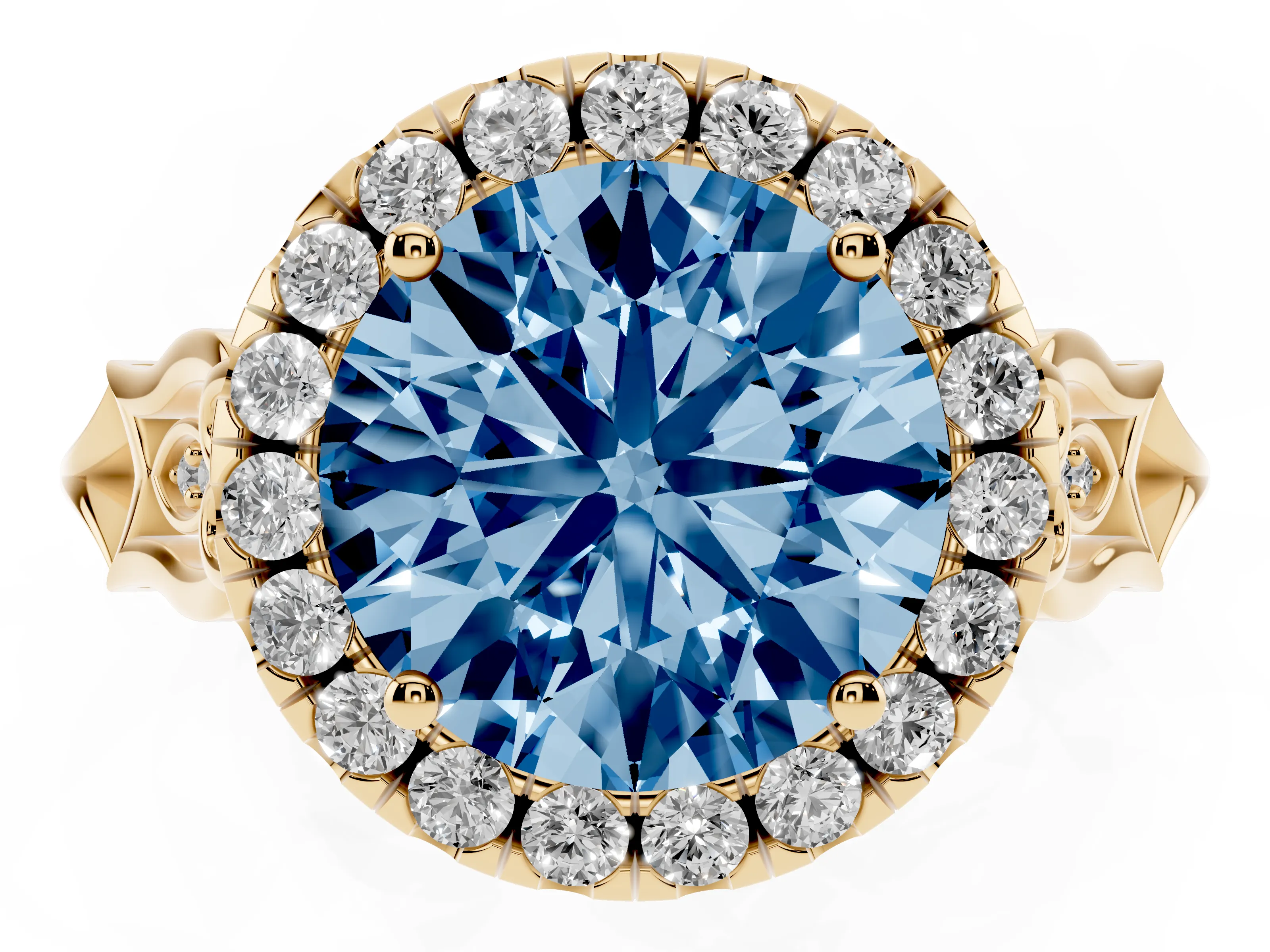Fancy Blue Round Cut Diamond Halo Engagement Ring Set in Yellow gold with Filigree Band and Prong-Set Center