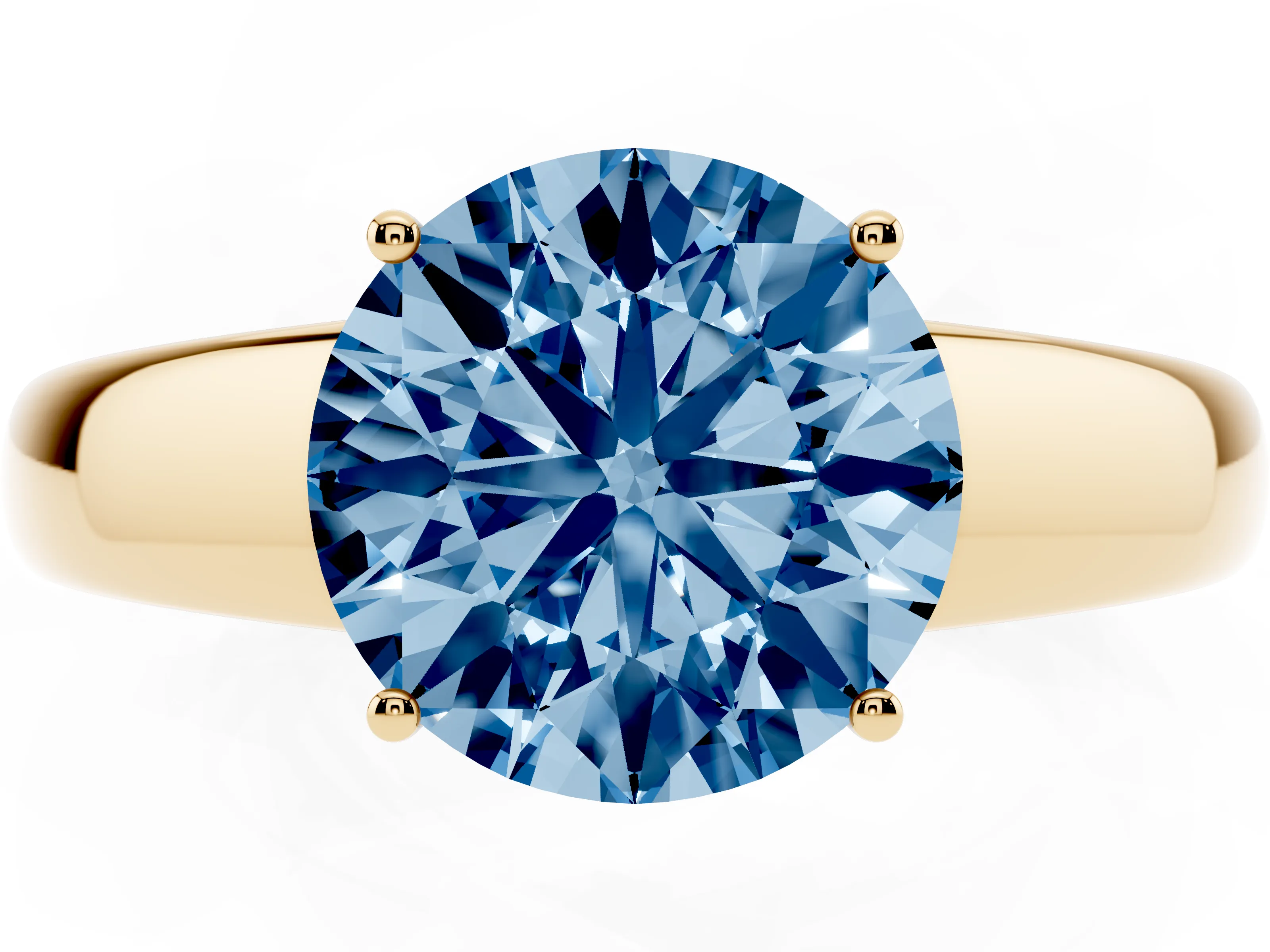Fancy Blue Round Cut Diamond Solitaire Ring Set in Yellow gold with Tapered Band and Prong Setting