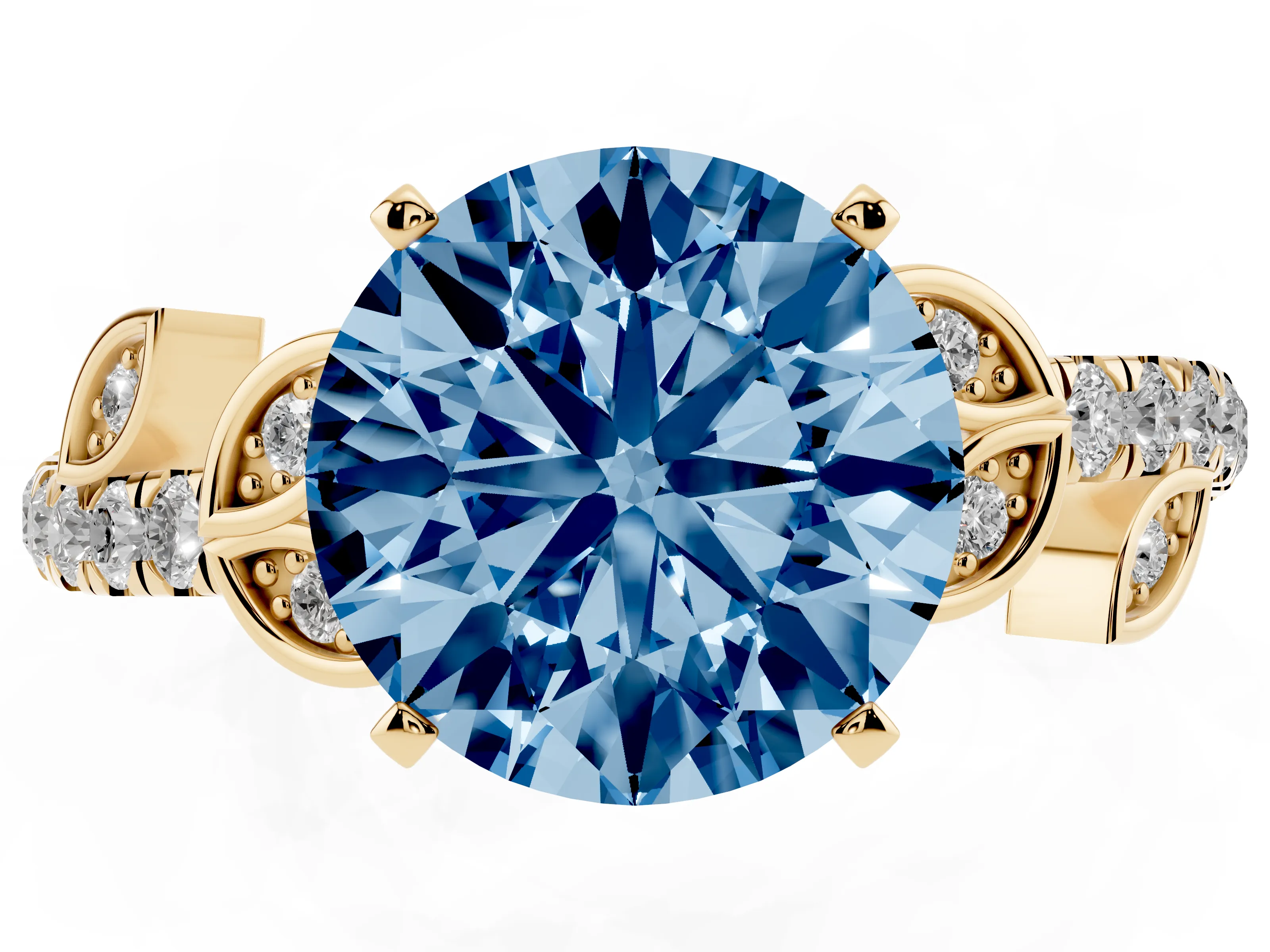Fancy Blue Round Cut Diamond Solitaire Leaf-Inspired Ring Set in Yellow gold with Pavé Band and Prong Setting