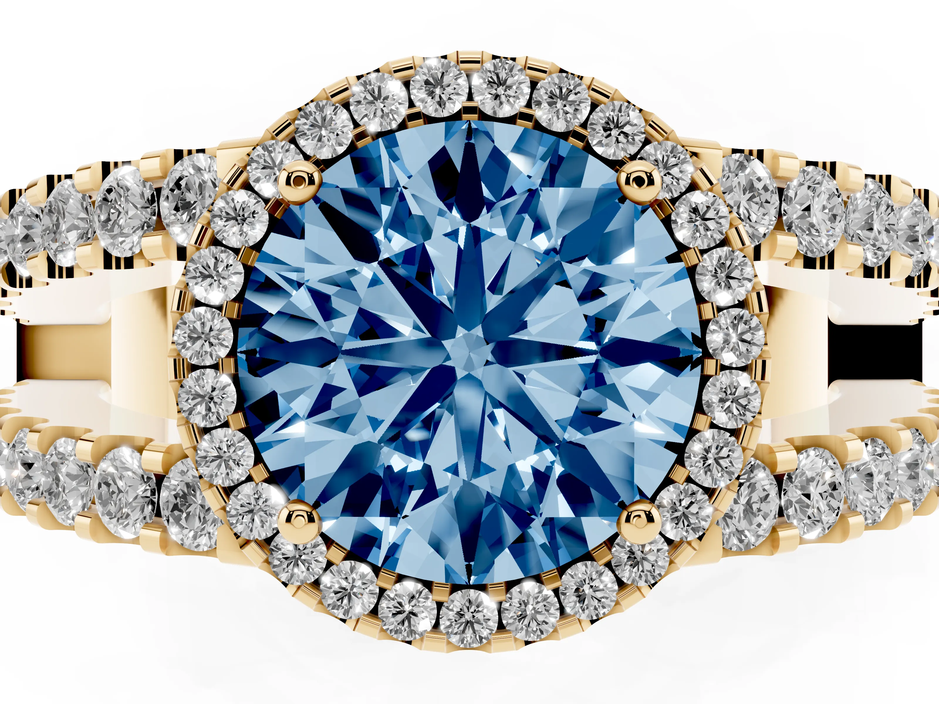 Fancy Blue Round Cut Diamond Halo Ring Set in Yellow gold with Pavé Split Shank and Prong Setting