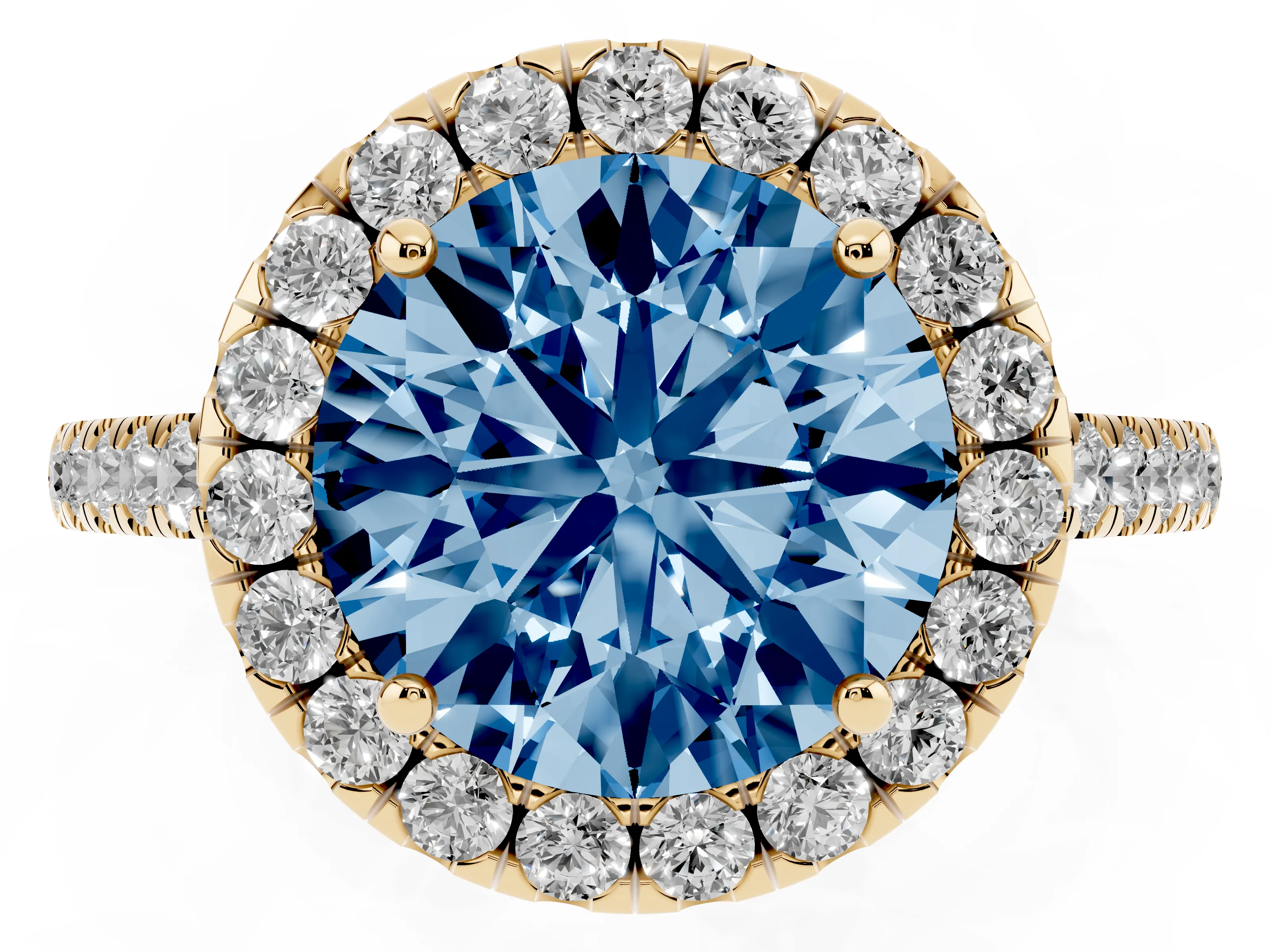 Fancy Blue Round Cut Diamond Halo Pavé Engagement Ring Set in Yellow gold with Prong Setting
