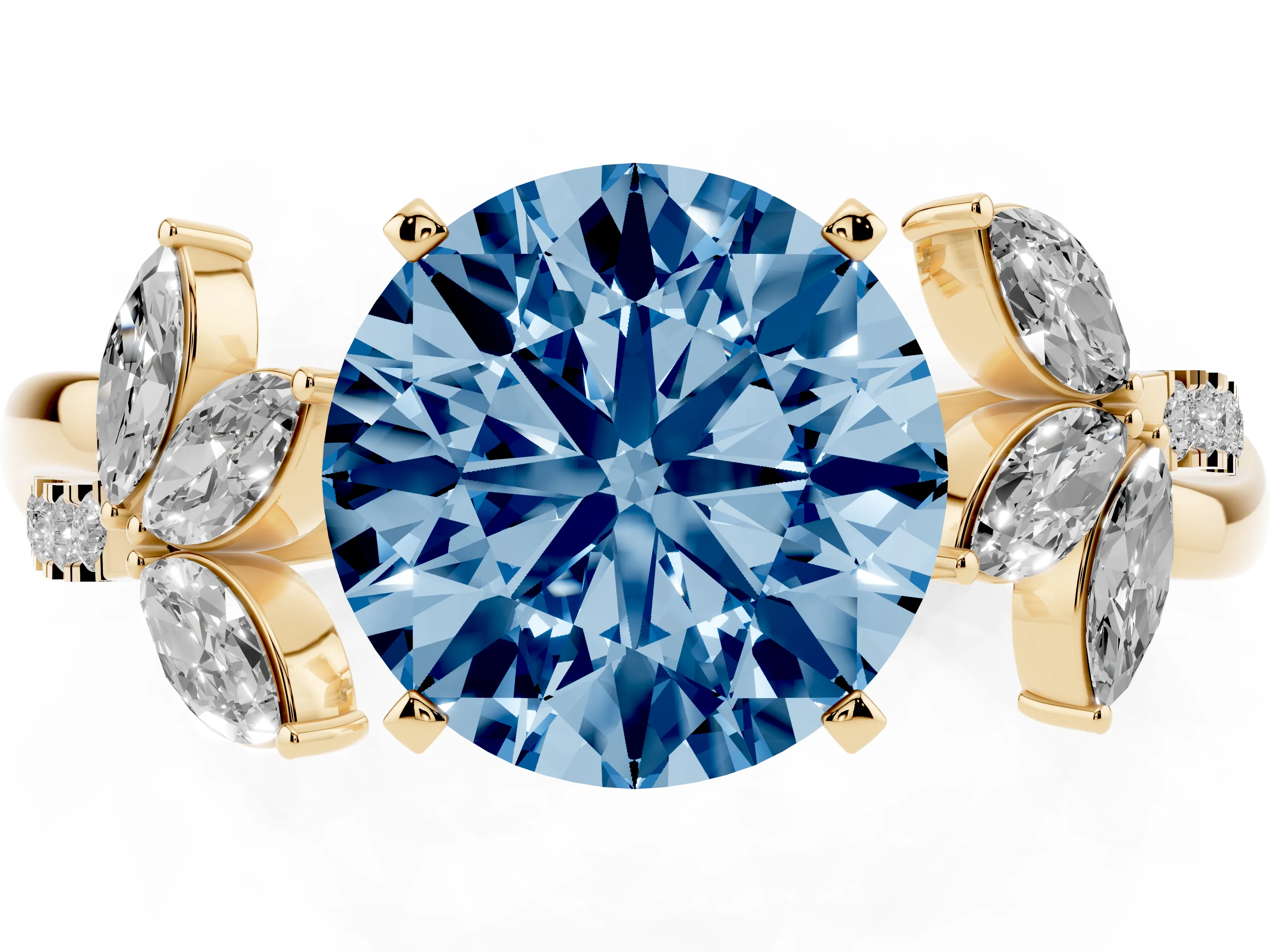 Fancy Blue Round Cut Diamond Floral Vine Solitaire Engagement Ring Set in Yellow gold with Marquise Leaves