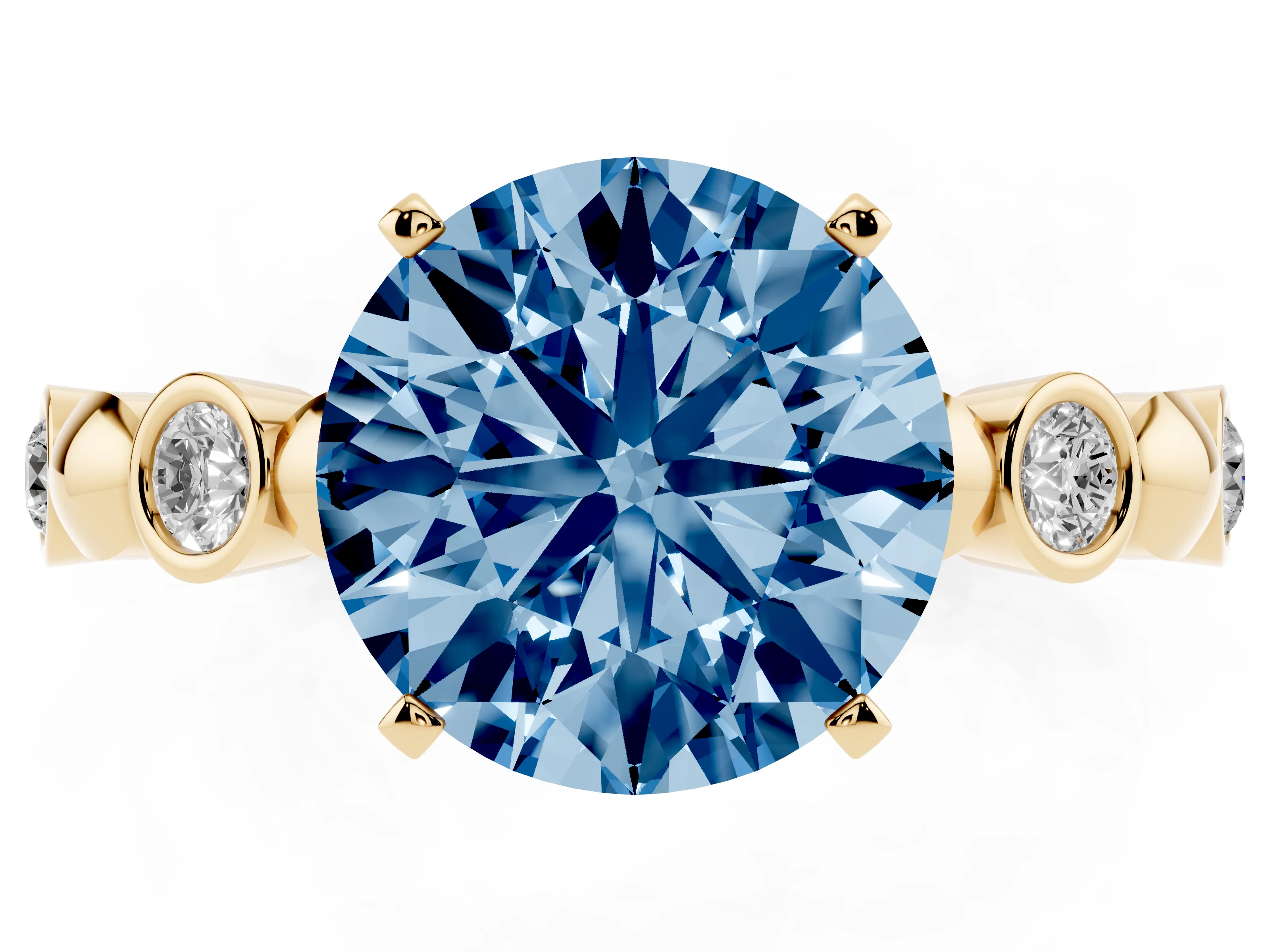 Fancy Blue Round Cut Diamond Solitaire Ring Set in Yellow gold with Bezel-Set Accents on Beaded Band and Prong Setting