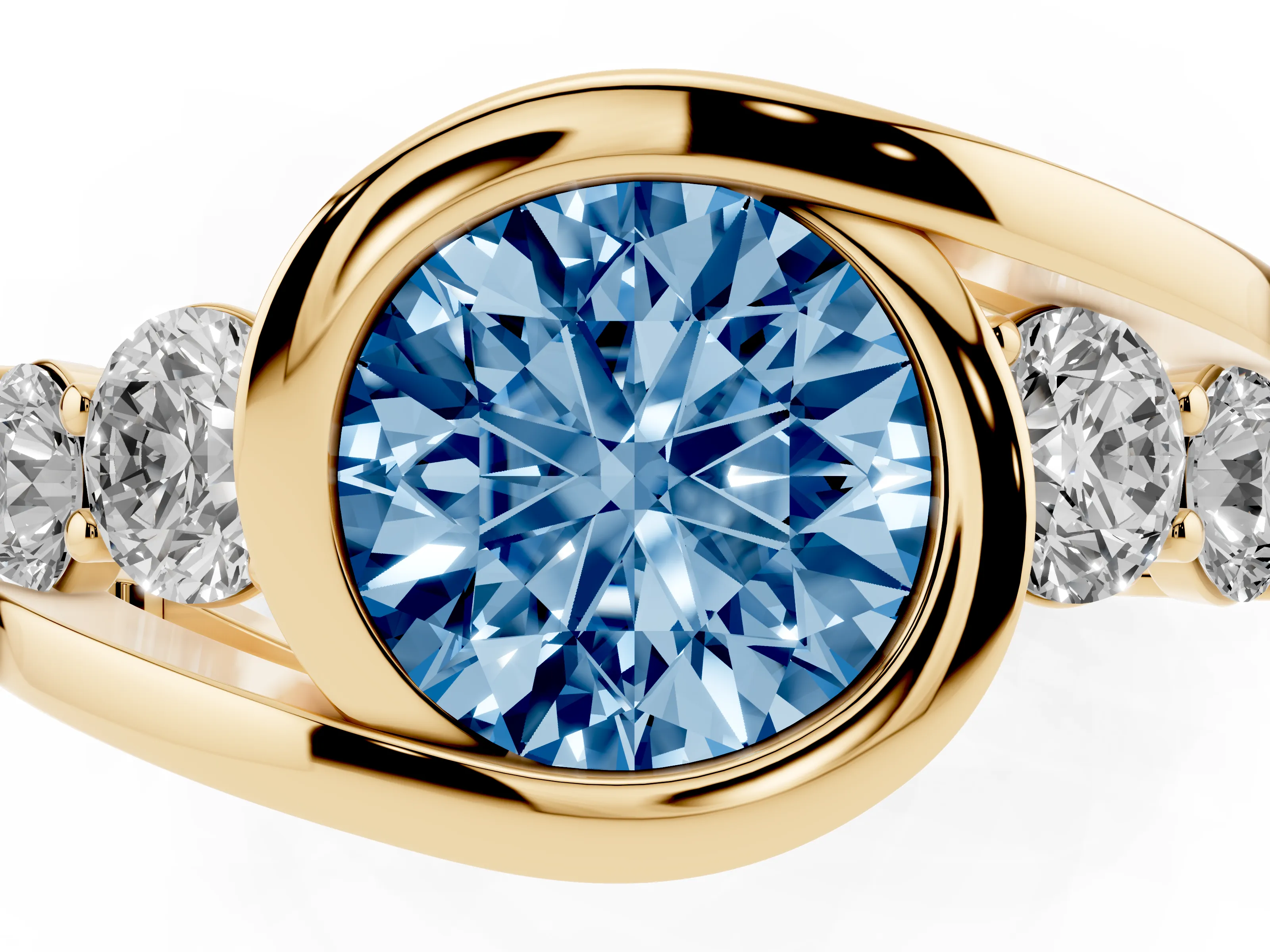 Fancy Blue Round Cut Diamond Bezel Bypass Ring Set in Yellow gold with Round Accents