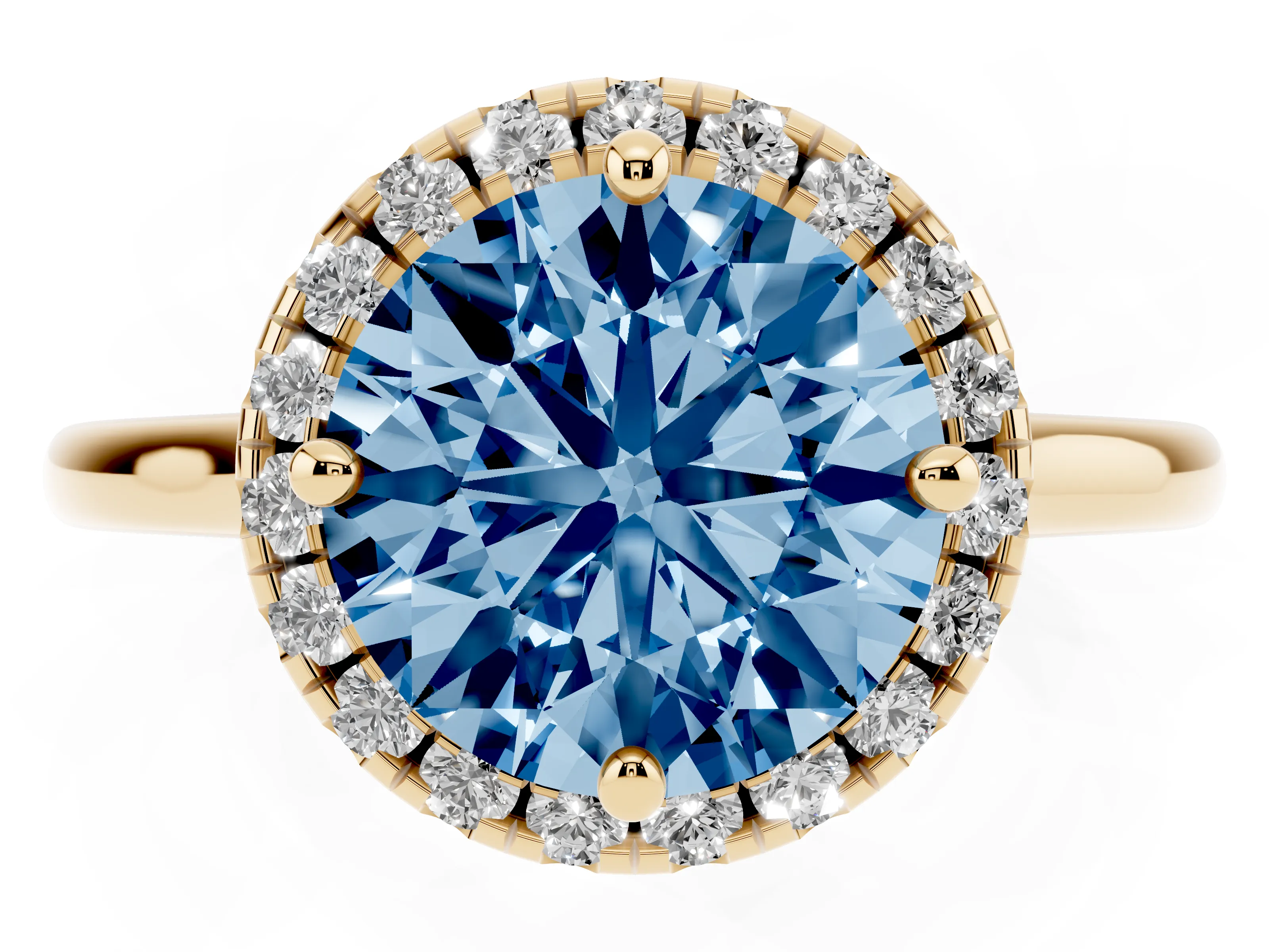 Fancy Blue Round Cut Diamond Halo Engagement Ring Set in Yellow gold with Pavé Band and Rising Shoulders