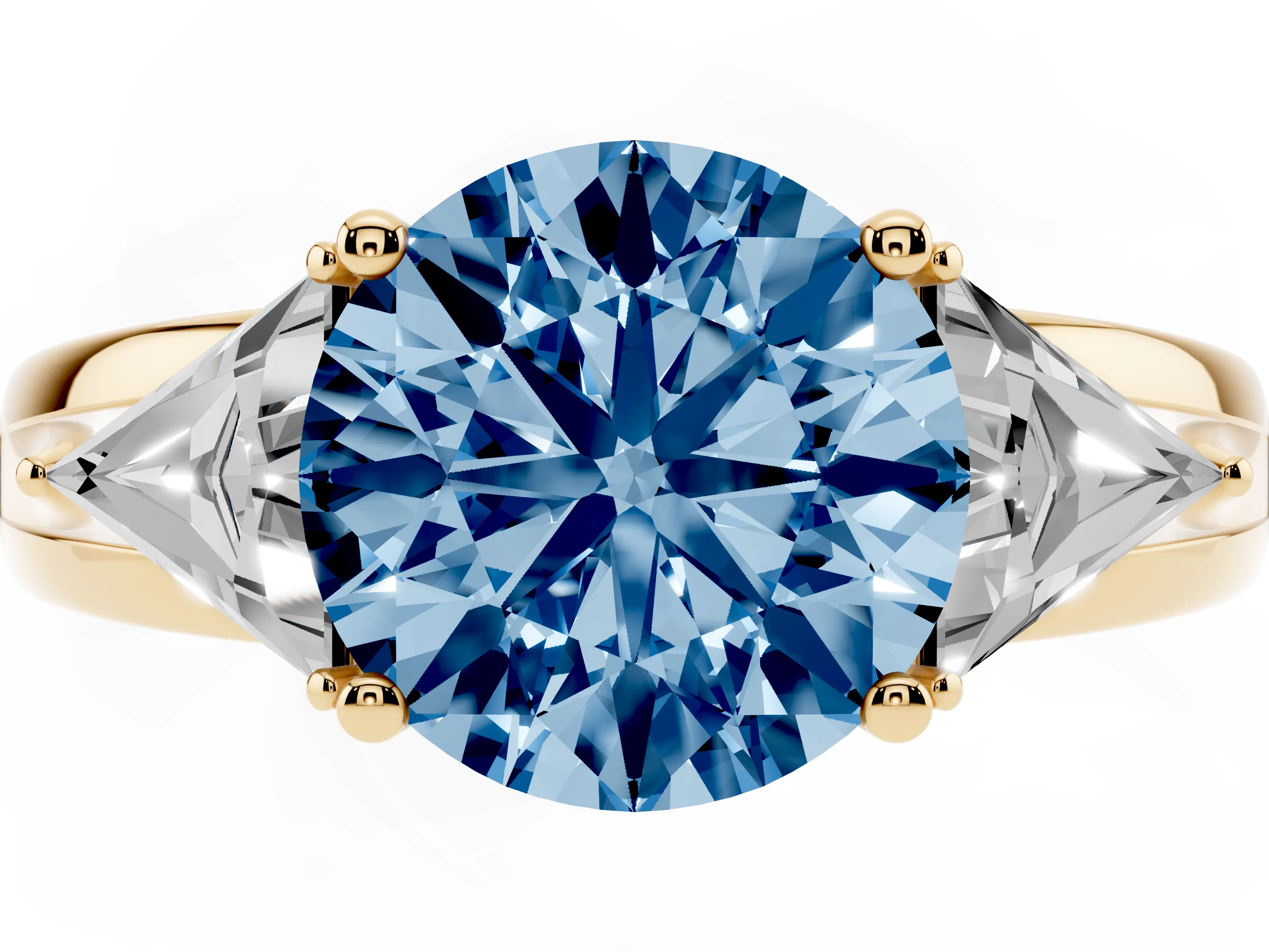 Fancy Blue Round Cut Diamond Three-Stone Ring Set in Yellow gold with Trillion Side Stones and Split Shank