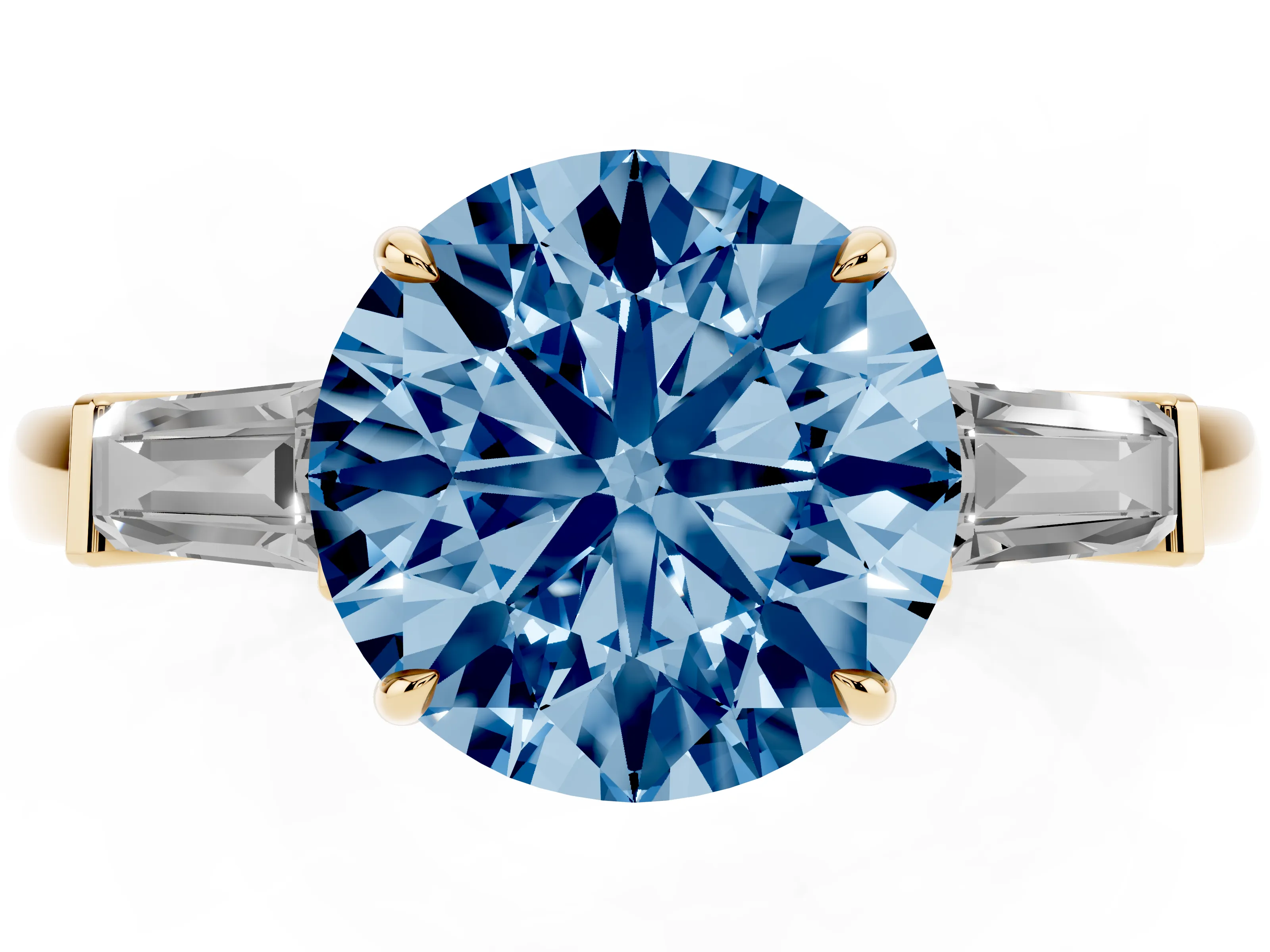 Fancy Blue Round Cut Diamond Three-Stone Ring Set in Yellow gold with Tapered Baguette Side Stones and Prong Setting