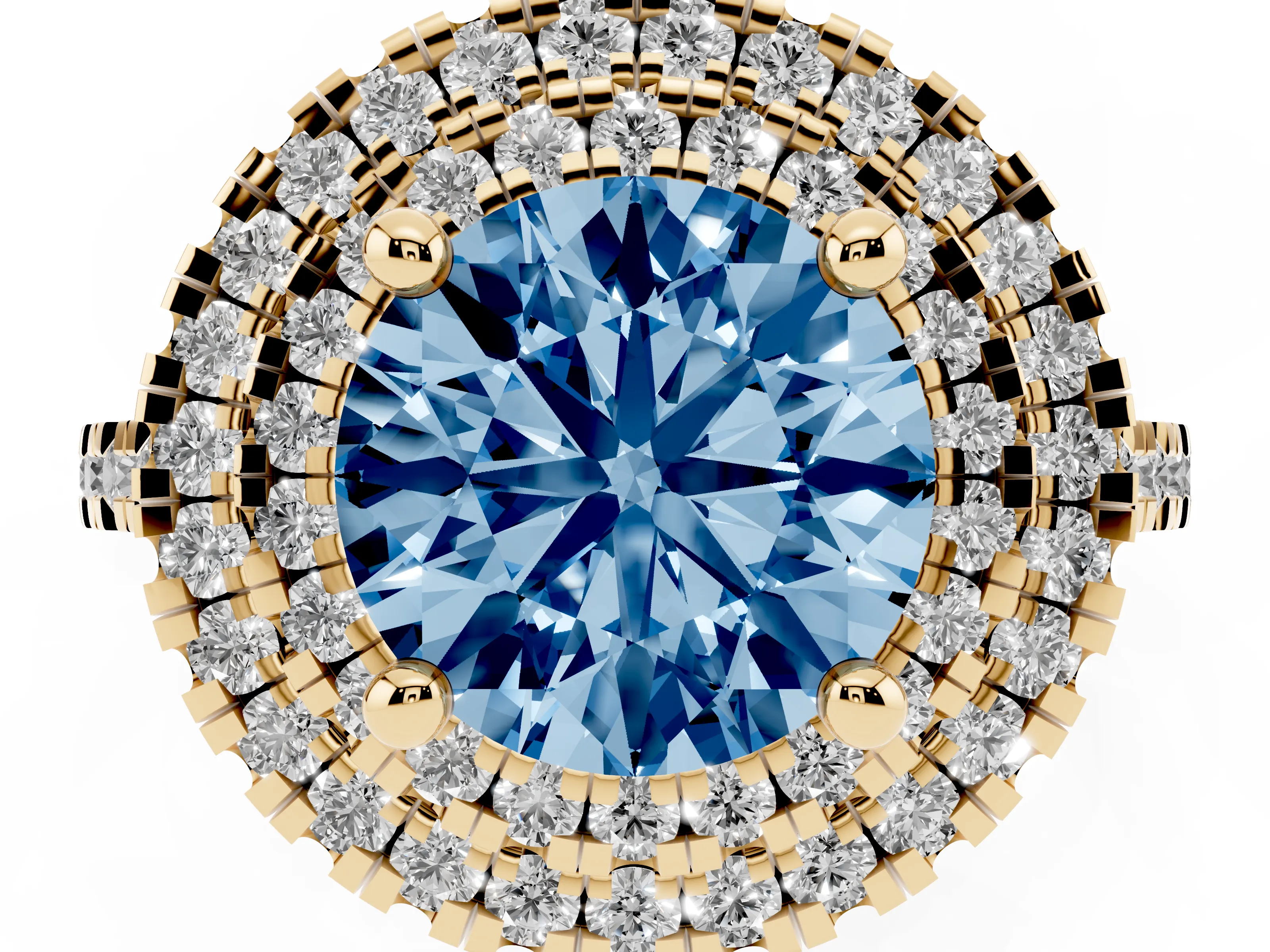 Fancy Blue Round Cut Diamond Double Halo Statement Ring Set in Yellow gold with Pavé Band