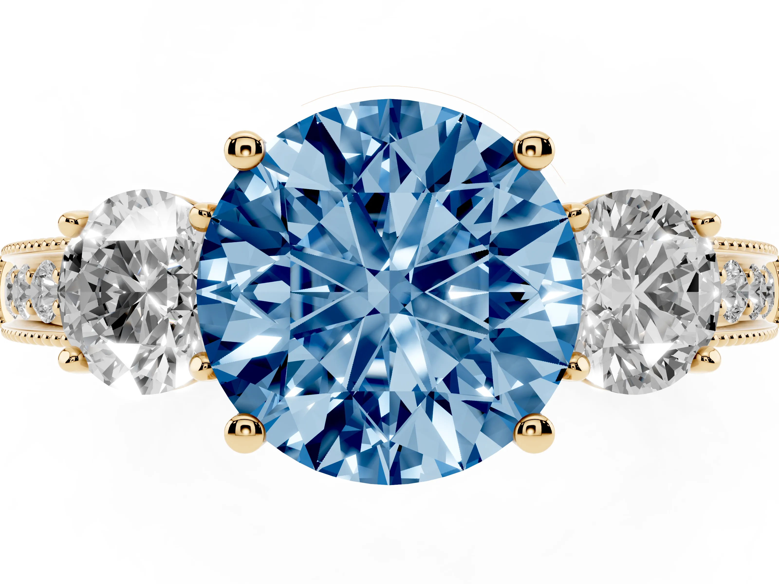 Fancy Blue Round Cut Diamond Three-Stone Ring Set in Yellow gold with Round Side Stones and Pavé Band