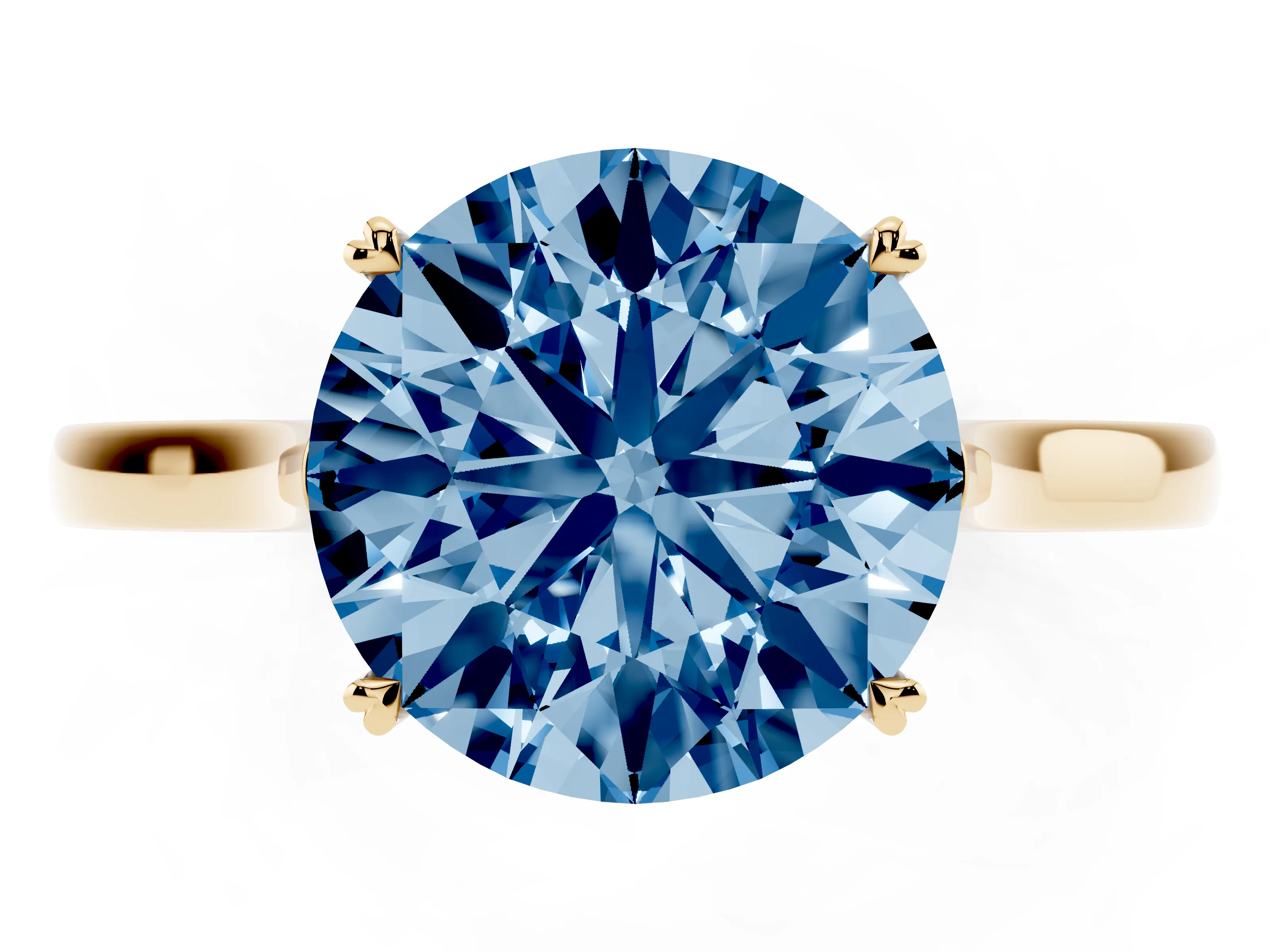 Fancy Blue Round Cut Diamond Solitaire Heart Prong Engagement Ring Set in Yellow gold with Tapered Band
