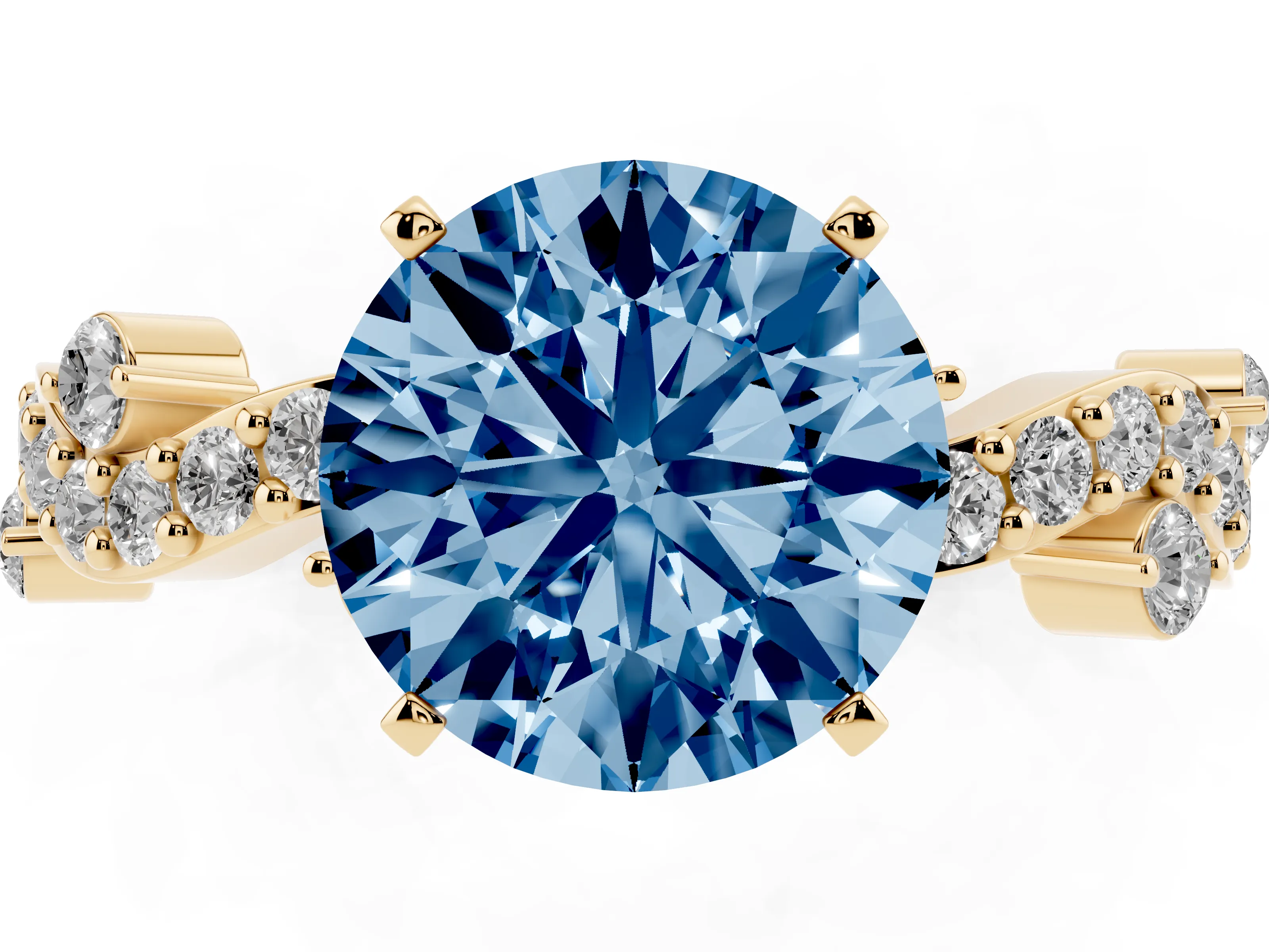 Fancy Blue Round Cut Diamond Solitaire Twisted Band Set in Yellow gold with Pavé Setting