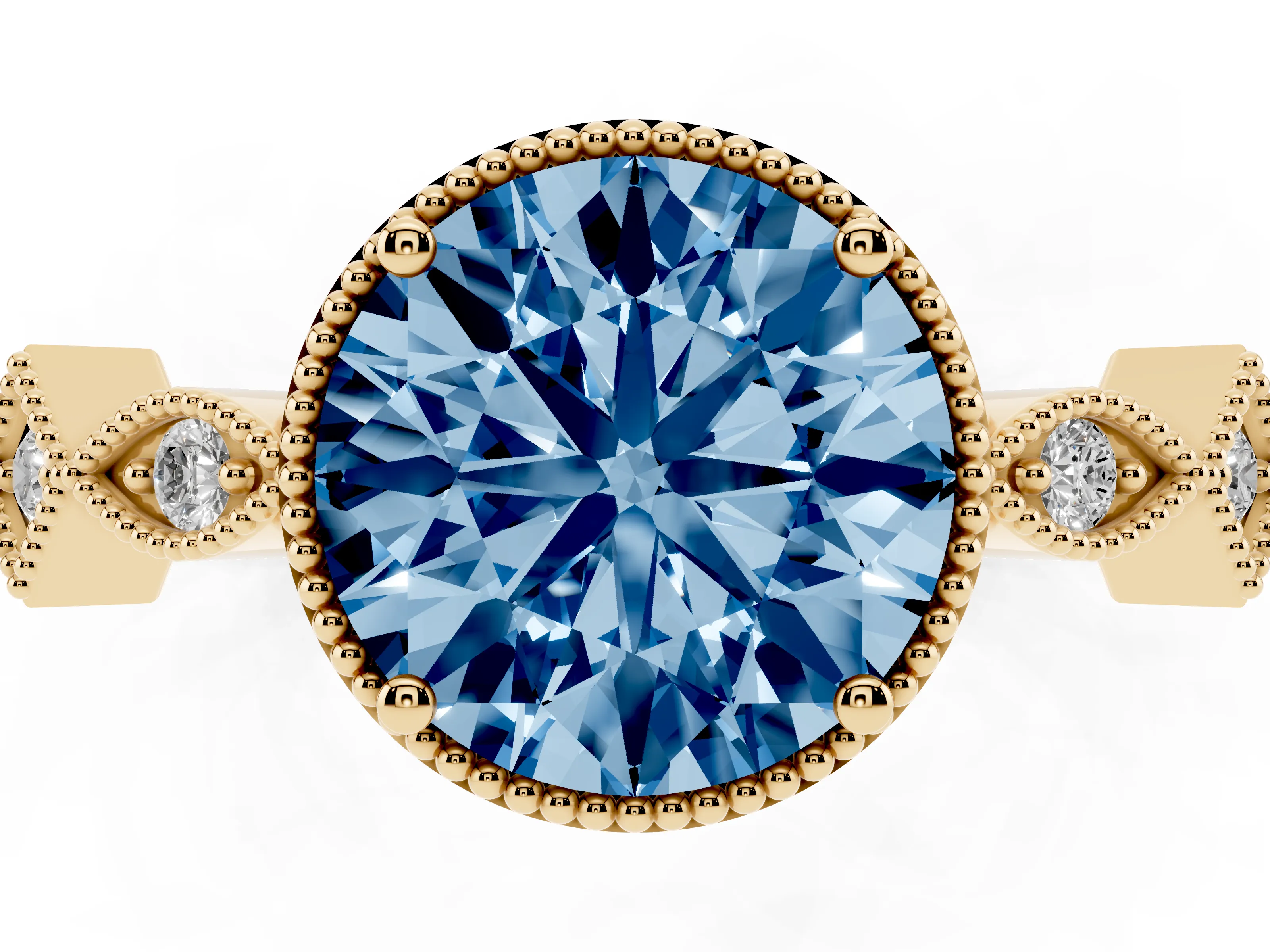 Fancy Blue Round Cut Diamond Milgrain Marquise Twist Band Ring Set in Yellow gold with Prong Setting