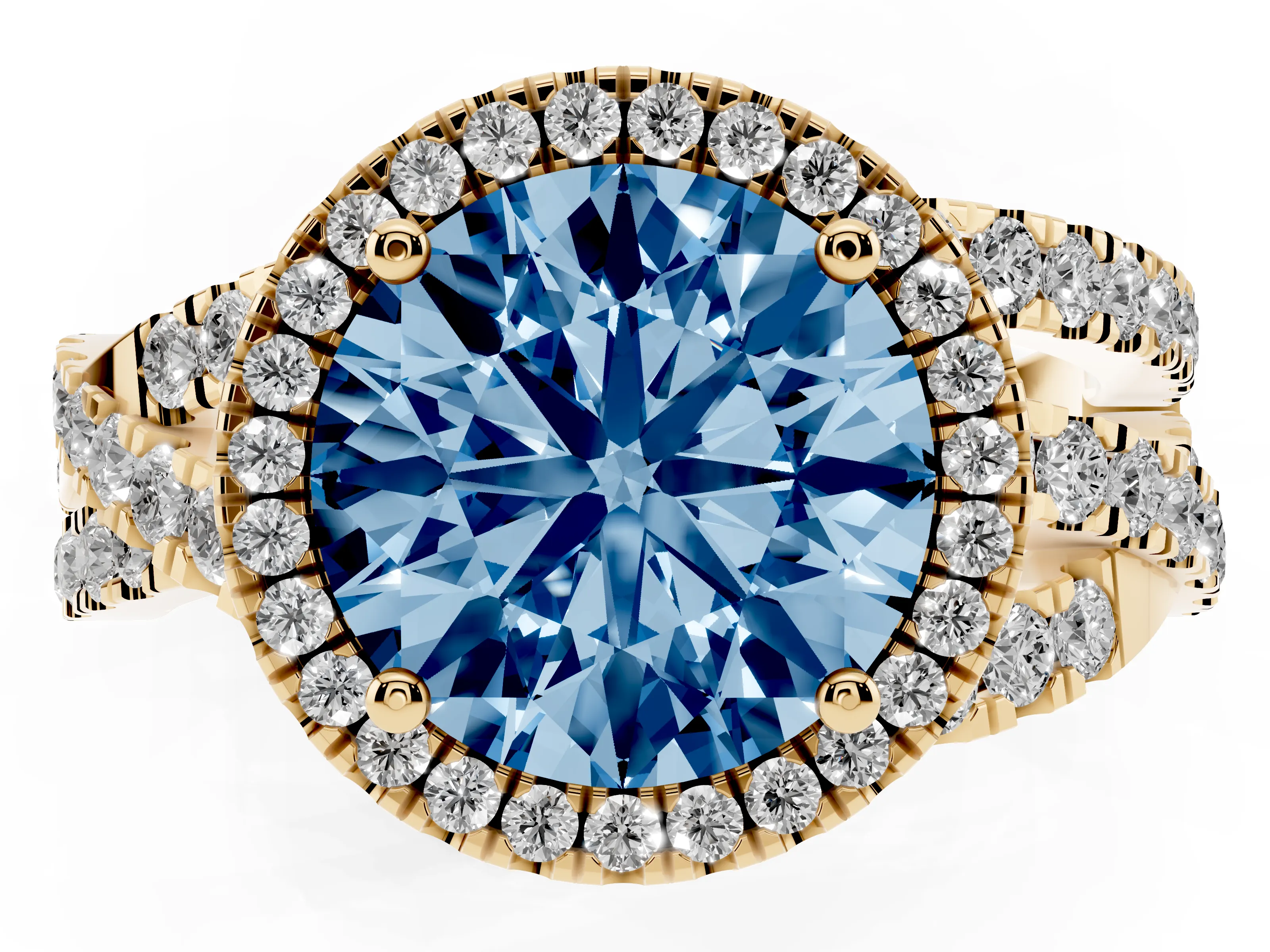Fancy Blue Round Cut Diamond Halo Ring Set in Yellow gold with Round Crossover Split Shank and Prong Setting