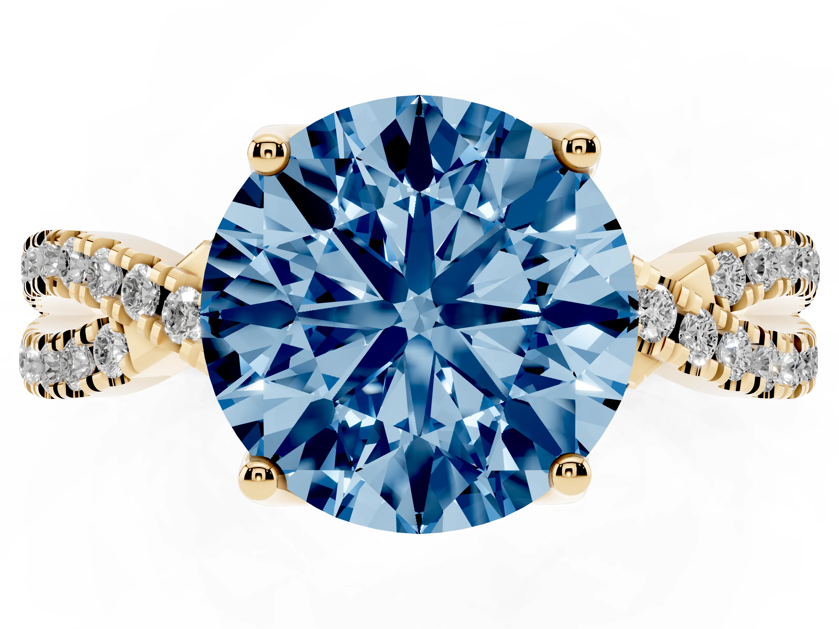 Fancy Blue Round Cut Diamond Twist Pavé Solitaire Engagement Ring Set in Yellow gold with Prong Setting