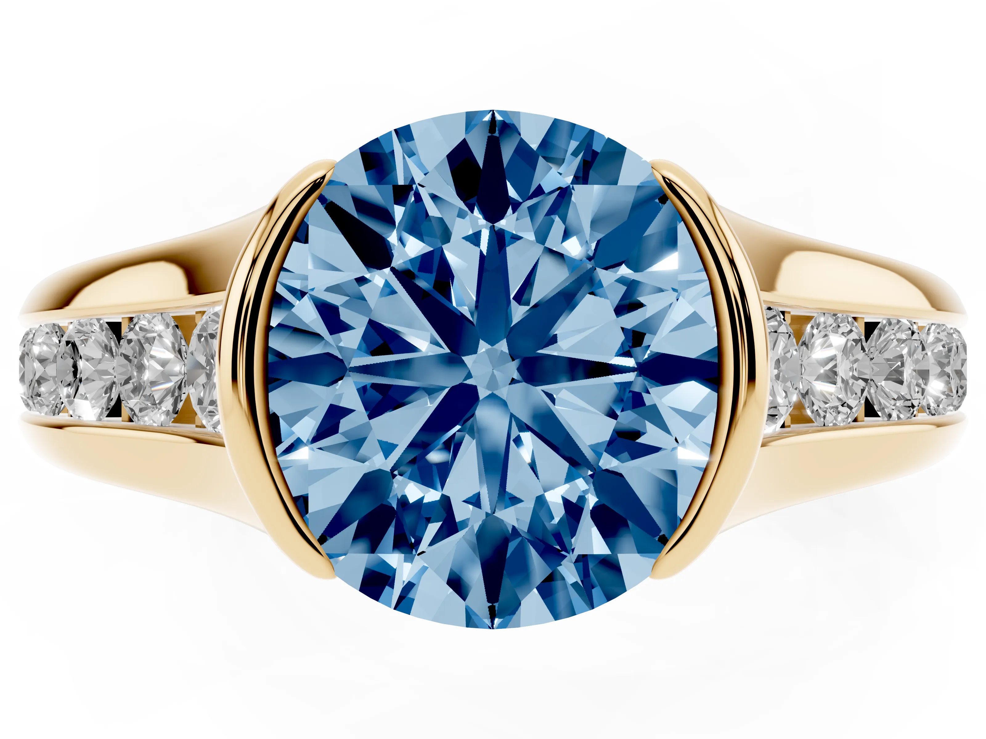 Fancy Blue Round Cut Diamond Bezel-Set Solitaire Ring Set in Yellow gold with Channel-Set Band