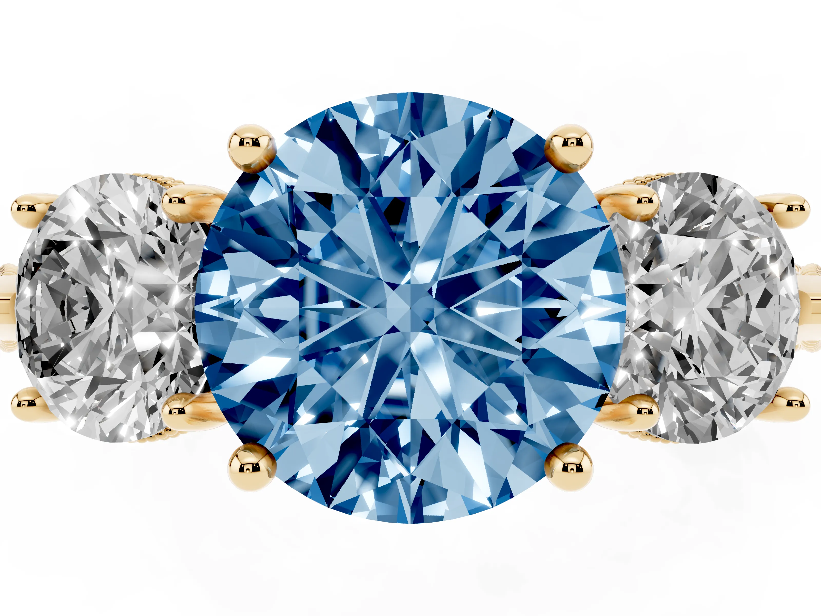 Fancy Blue Round Cut Diamond Three-Stone Ring Set in Yellow gold with Milgrain Band