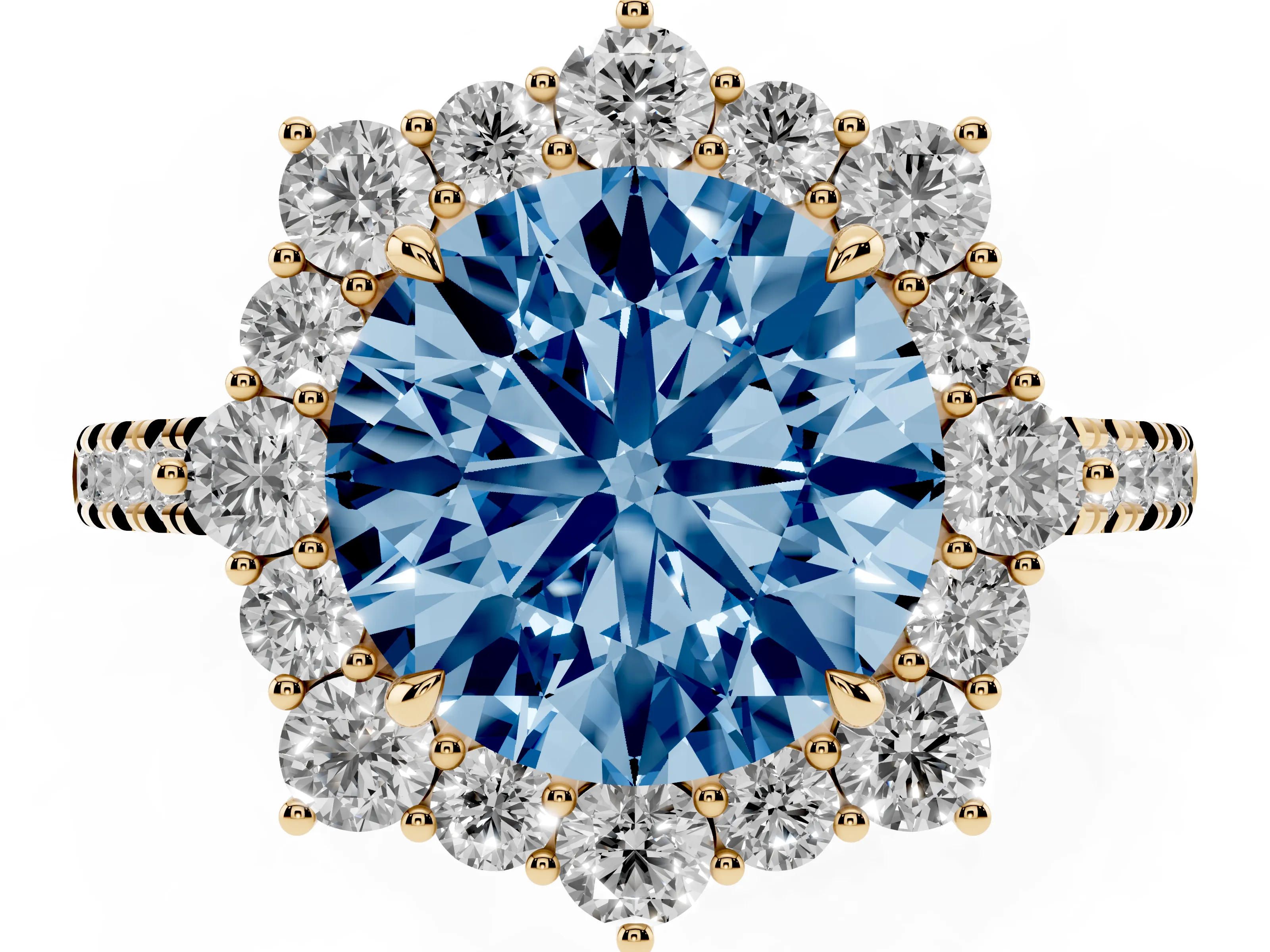 Fancy Blue Round Cut Diamond Halo Ring Set in Yellow gold with Pavé Band and Prong Setting