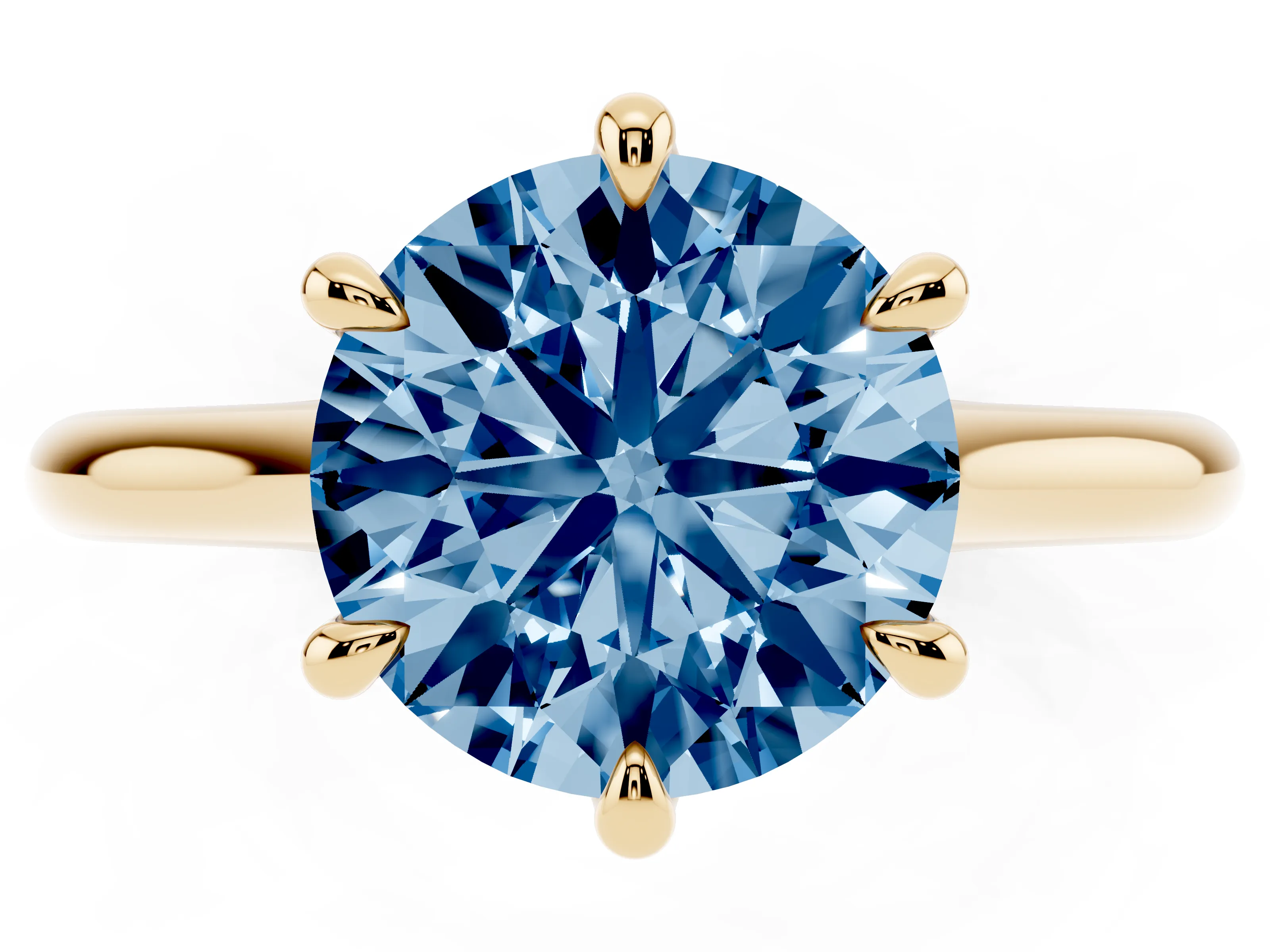 Fancy Blue Round Cut Diamond Solitaire Engagement Ring Set in Yellow gold with Prong Setting and Plain Classic Band