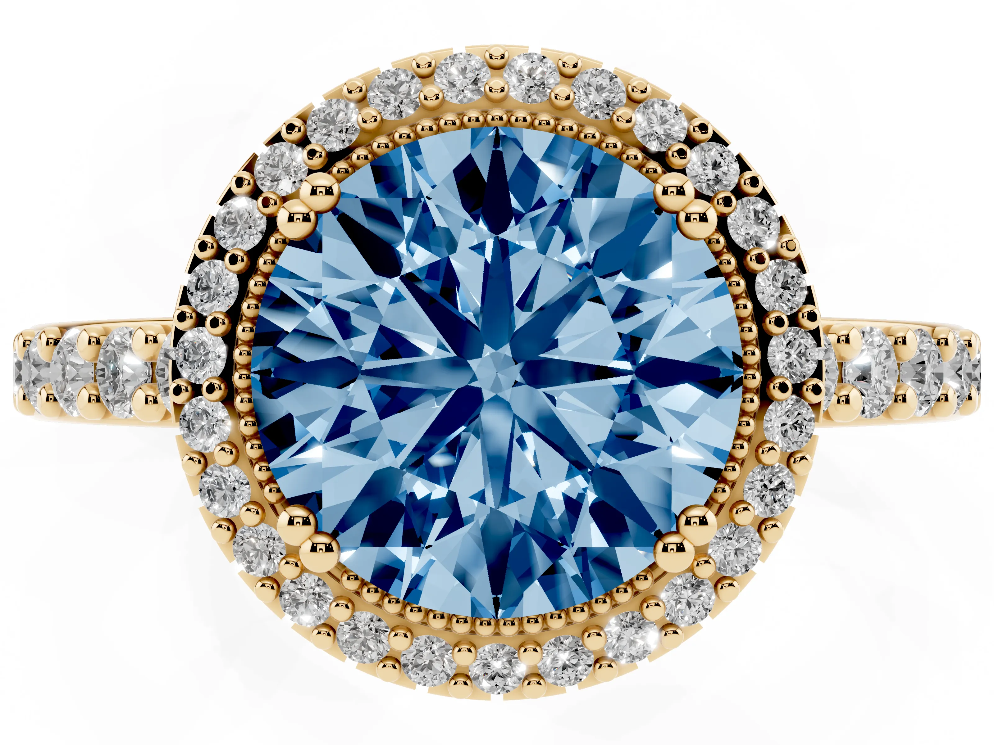 Fancy Blue Round Cut Diamond Halo Engagement Ring Set in Yellow gold with Milgrain Detail and Pavé Band