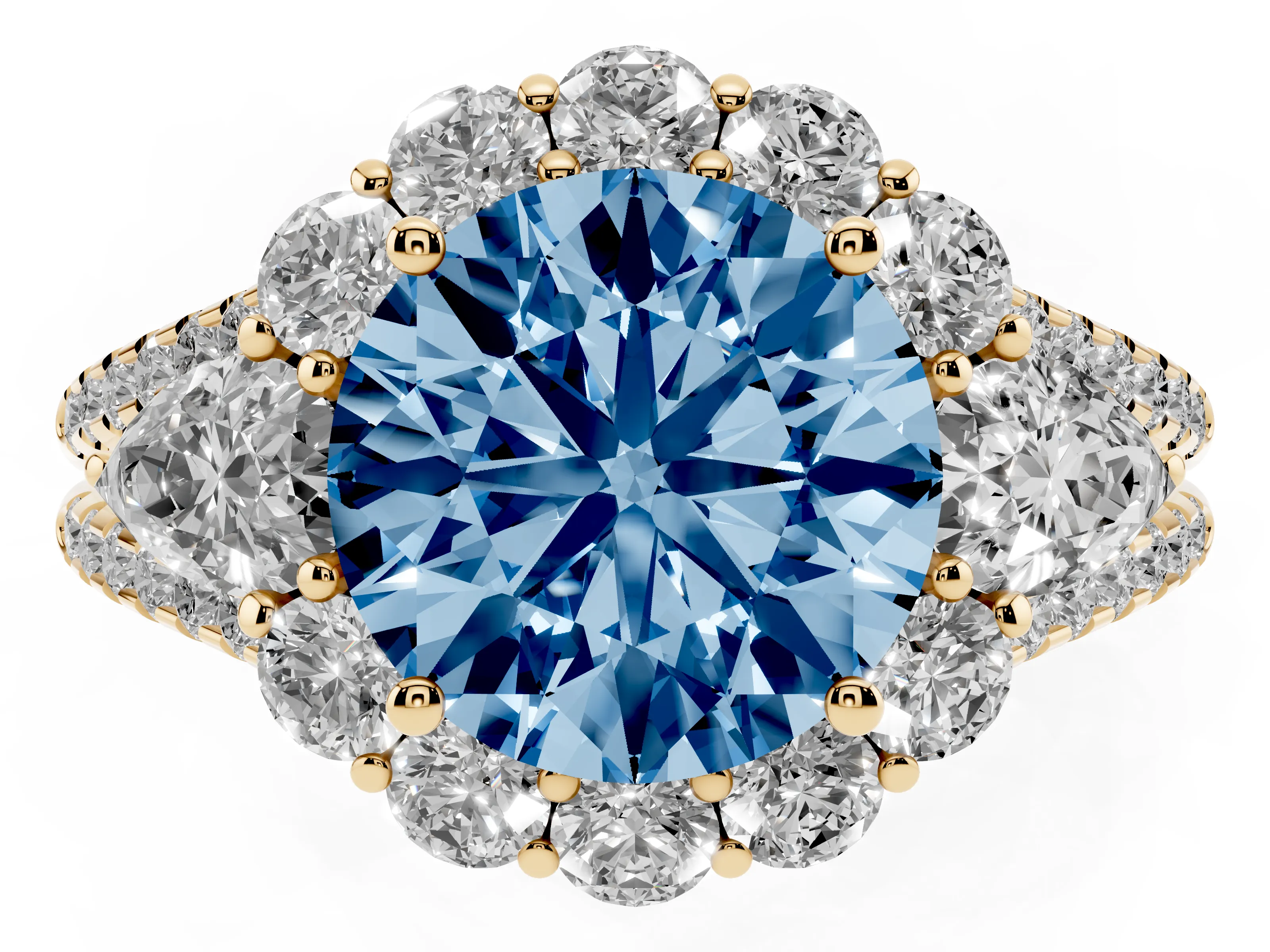 Fancy Blue Round Cut Diamond Halo Split Shank Engagement Ring Set in Yellow gold with Prong-Held Center Stone