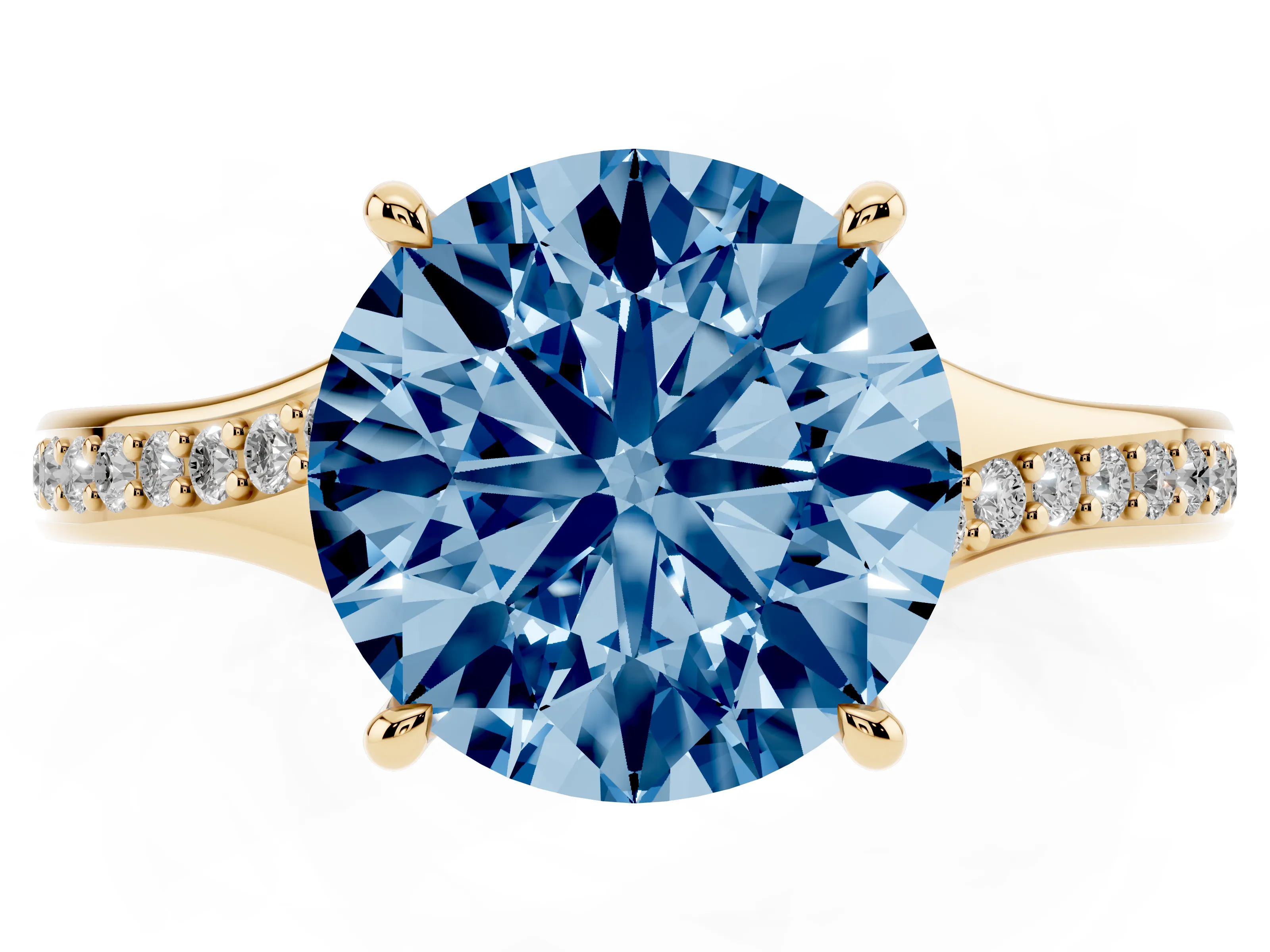 Fancy Blue Round Cut Diamond Solitaire Ring Set in Yellow gold with Pavé Accent Band and Classic Prong Setting