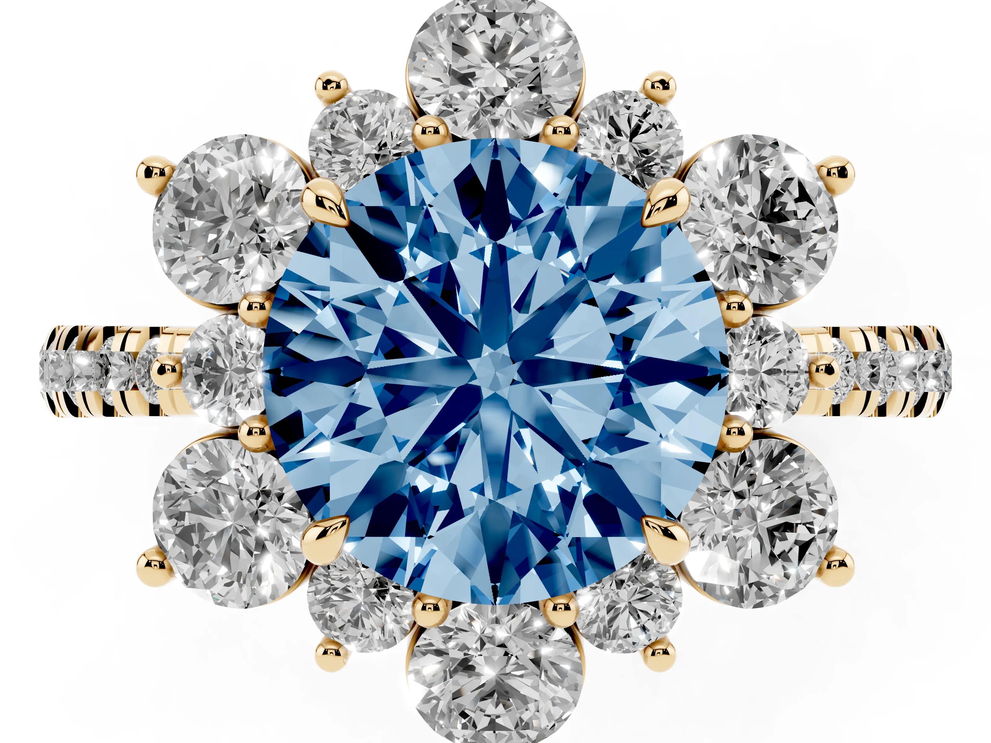 Fancy Blue Round Cut Diamond Floral Halo Ring Set in Yellow gold with Round Pavé Band and Prong Setting