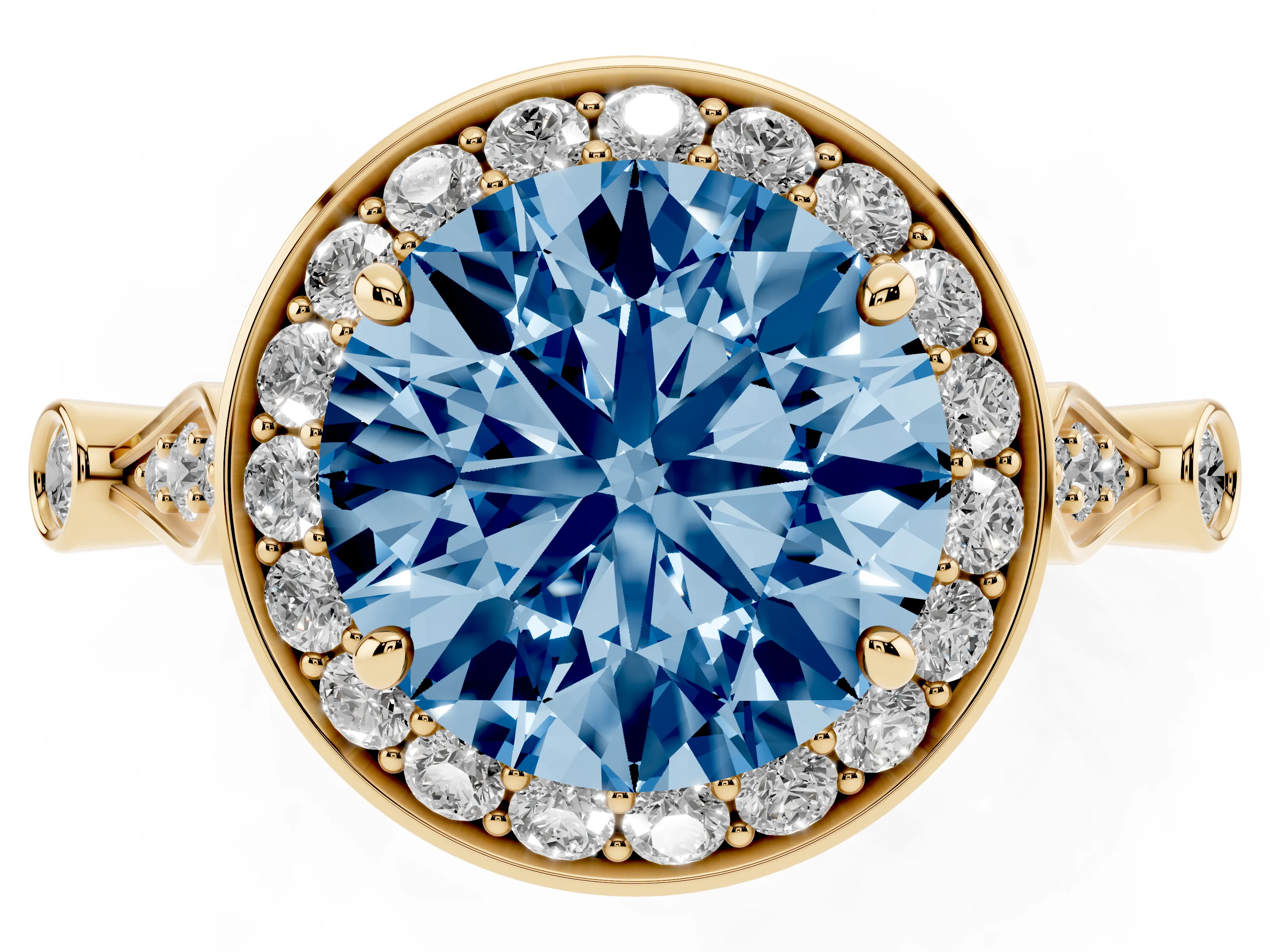 Fancy Blue Round Cut Diamond Halo Engagement Ring Set in Yellow gold with Twisted Band and Prong Setting